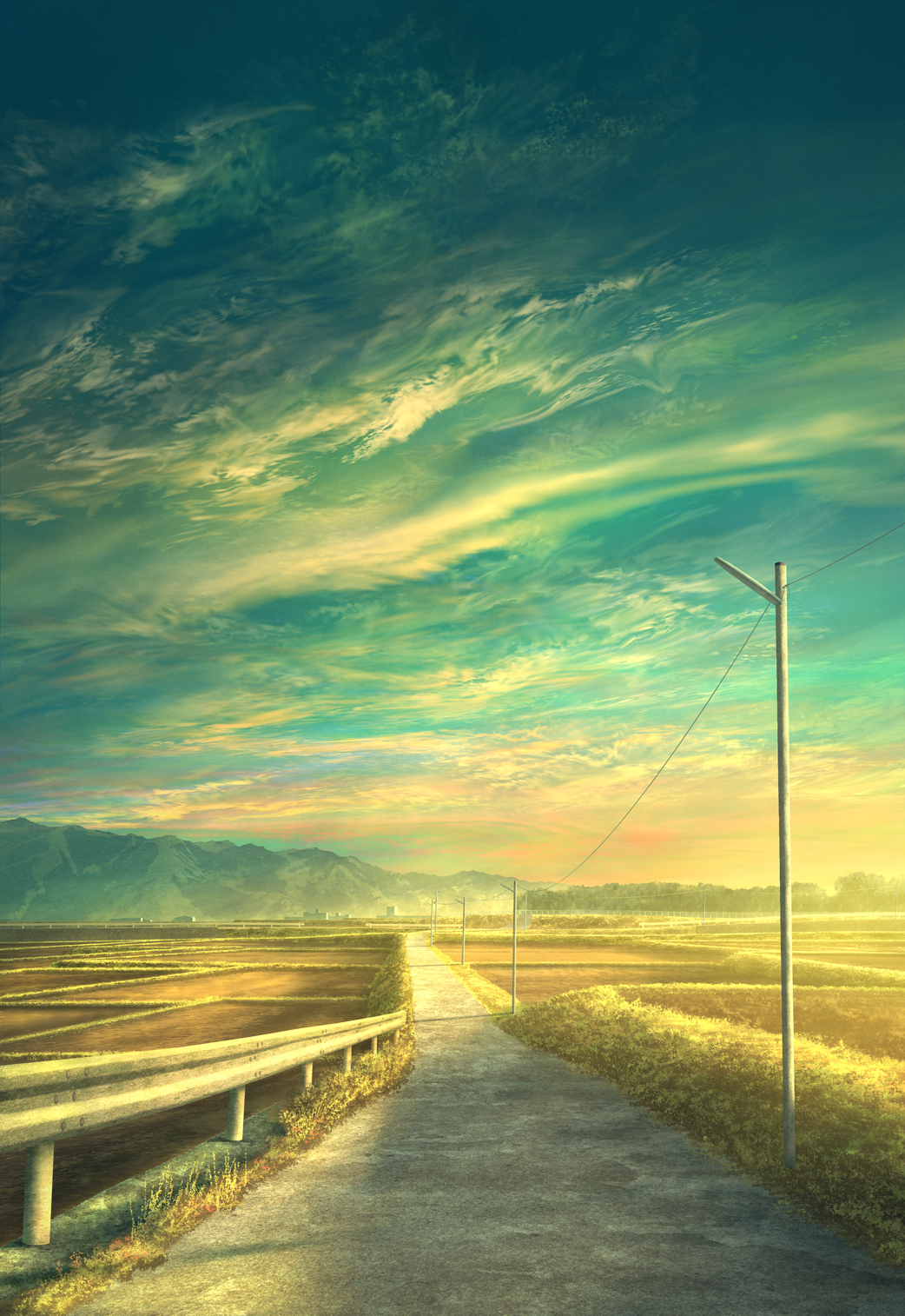 Anime landscape with a road through fields and mountains HD Phone Wallpaper