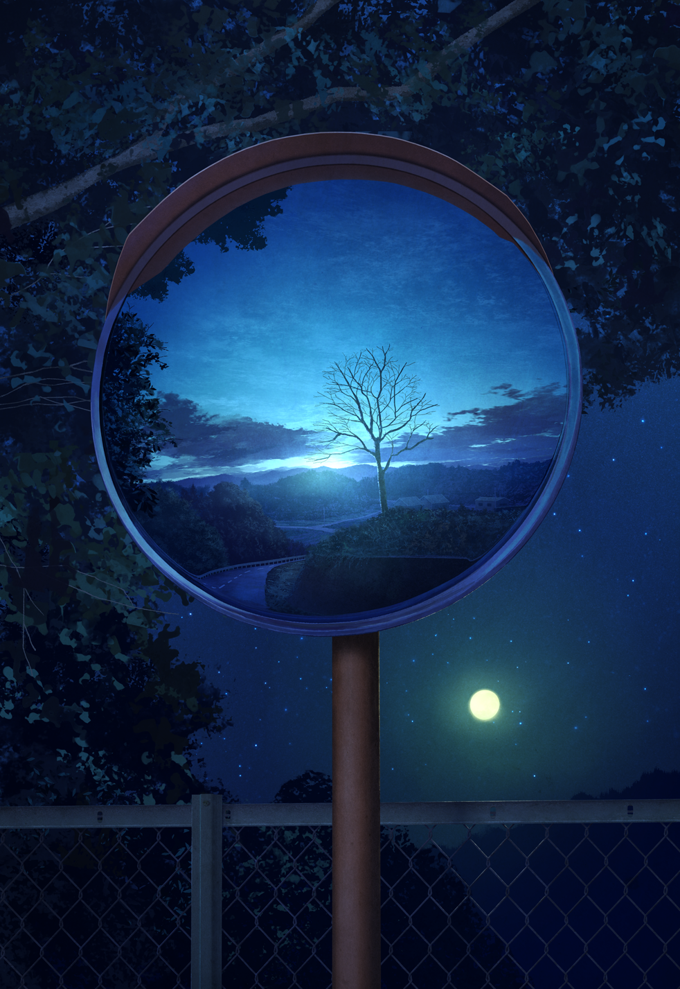 Night scene reflected in a convex mirror HD Phone Wallpaper