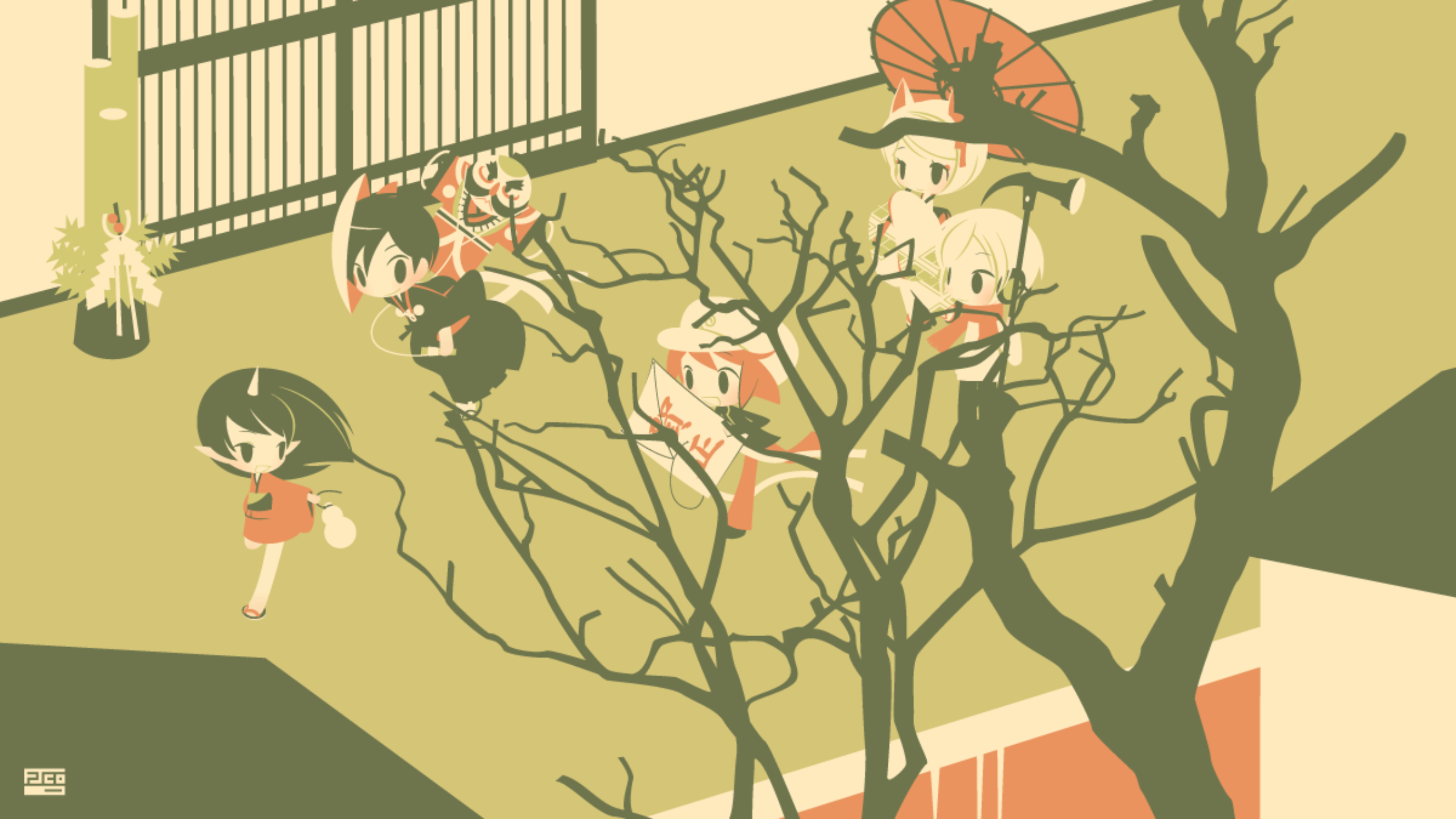 Chibi anime characters with umbrellas and branches HD Wallpaper