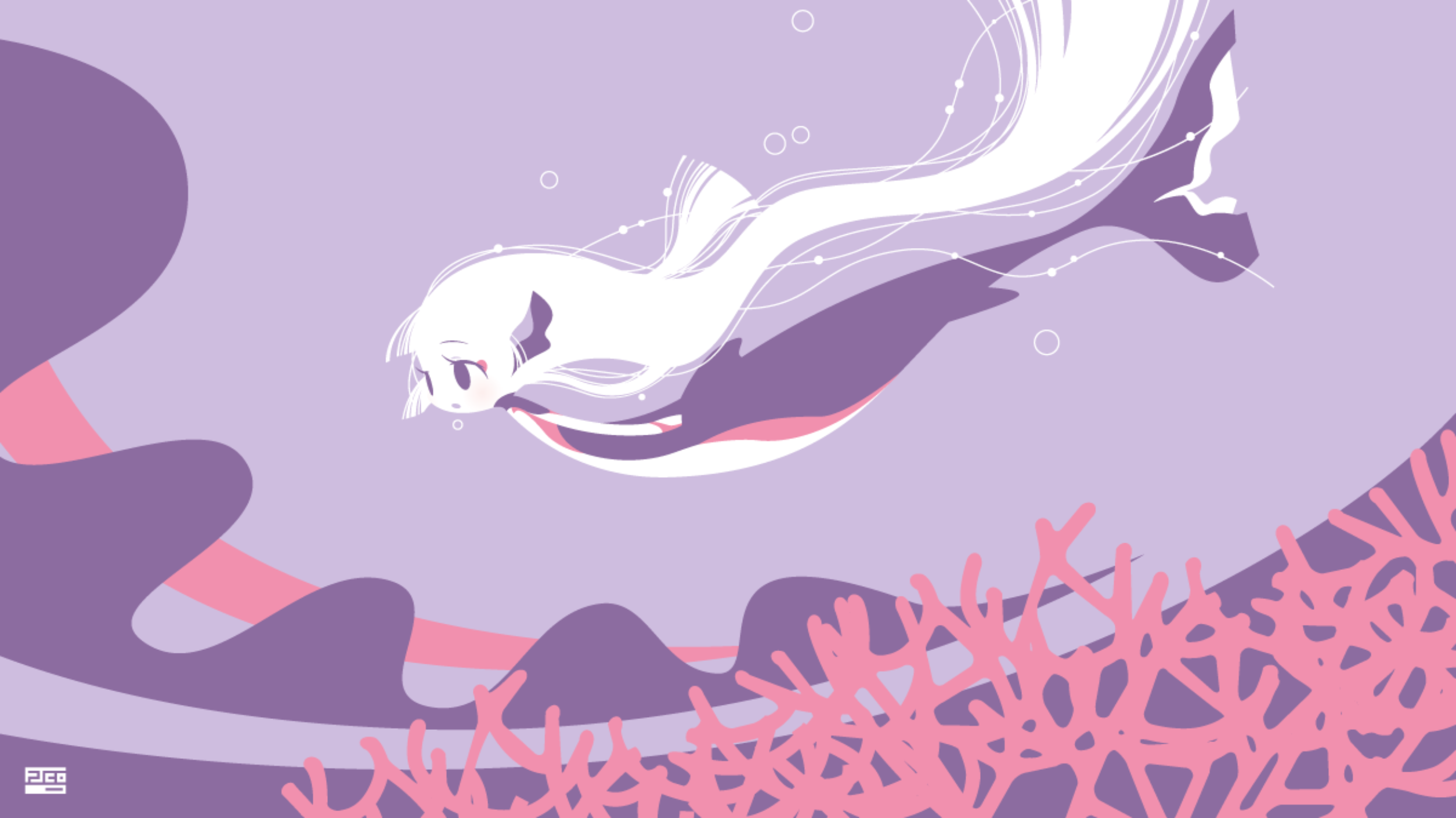 Anime girl with long white hair swimming underwater near coral HD Wallpaper