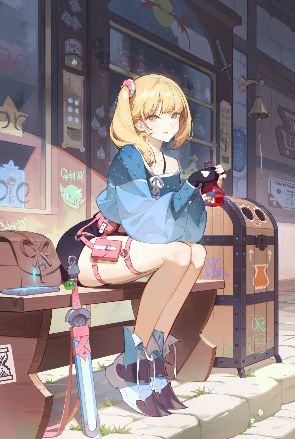 Anime girl with blonde hair and sword holding a potion HD Phone Wallpaper