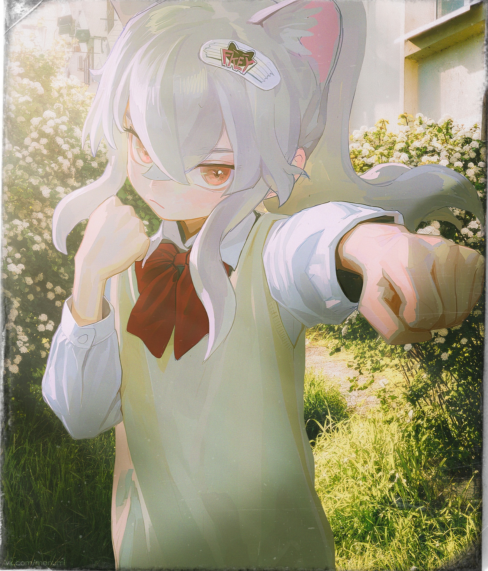 Cat girl in school uniform with fist raised HD Phone Wallpaper