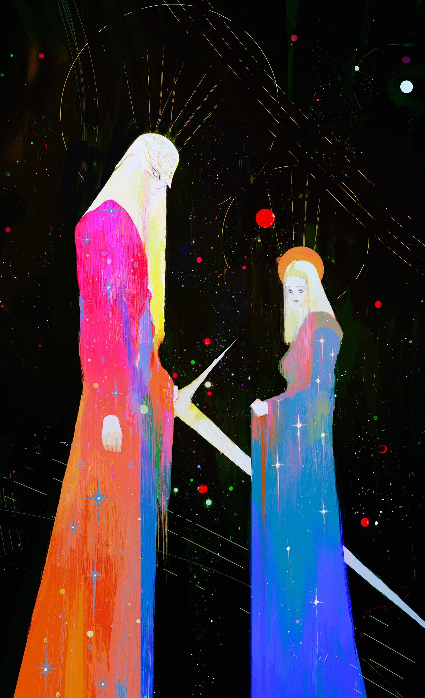 Two figures in a cosmic landscape HD Phone Wallpaper