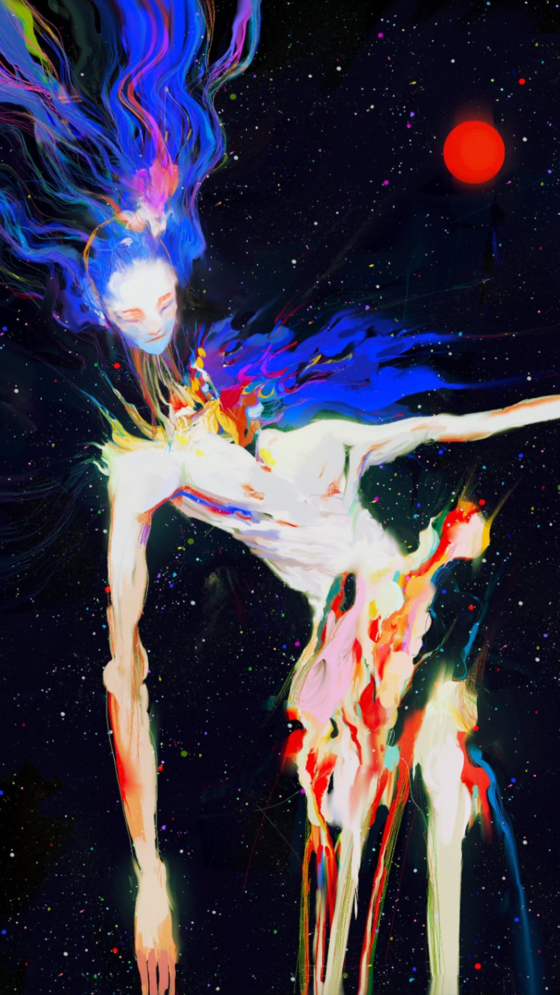 Figure with flowing hair in a starry expanse HD Phone Wallpaper