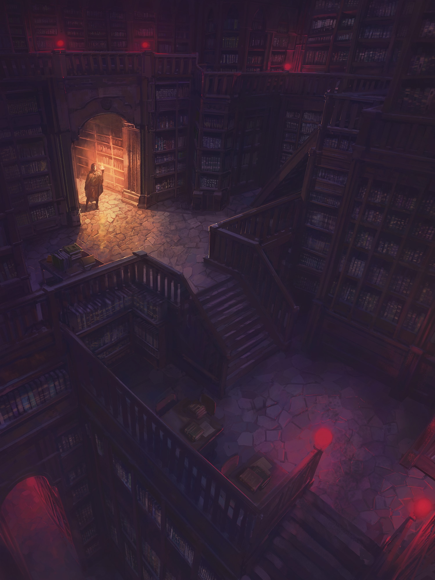 A person in a dimly lit library with tall bookshelves HD Phone Wallpaper