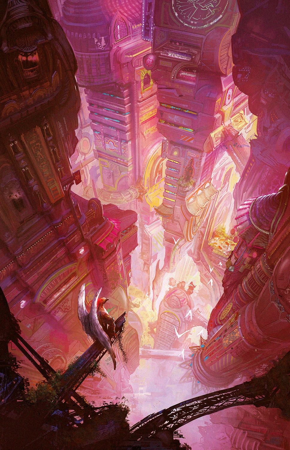 Marc Simonetti's science fiction city with a bird-like creature HD Phone Wallpaper
