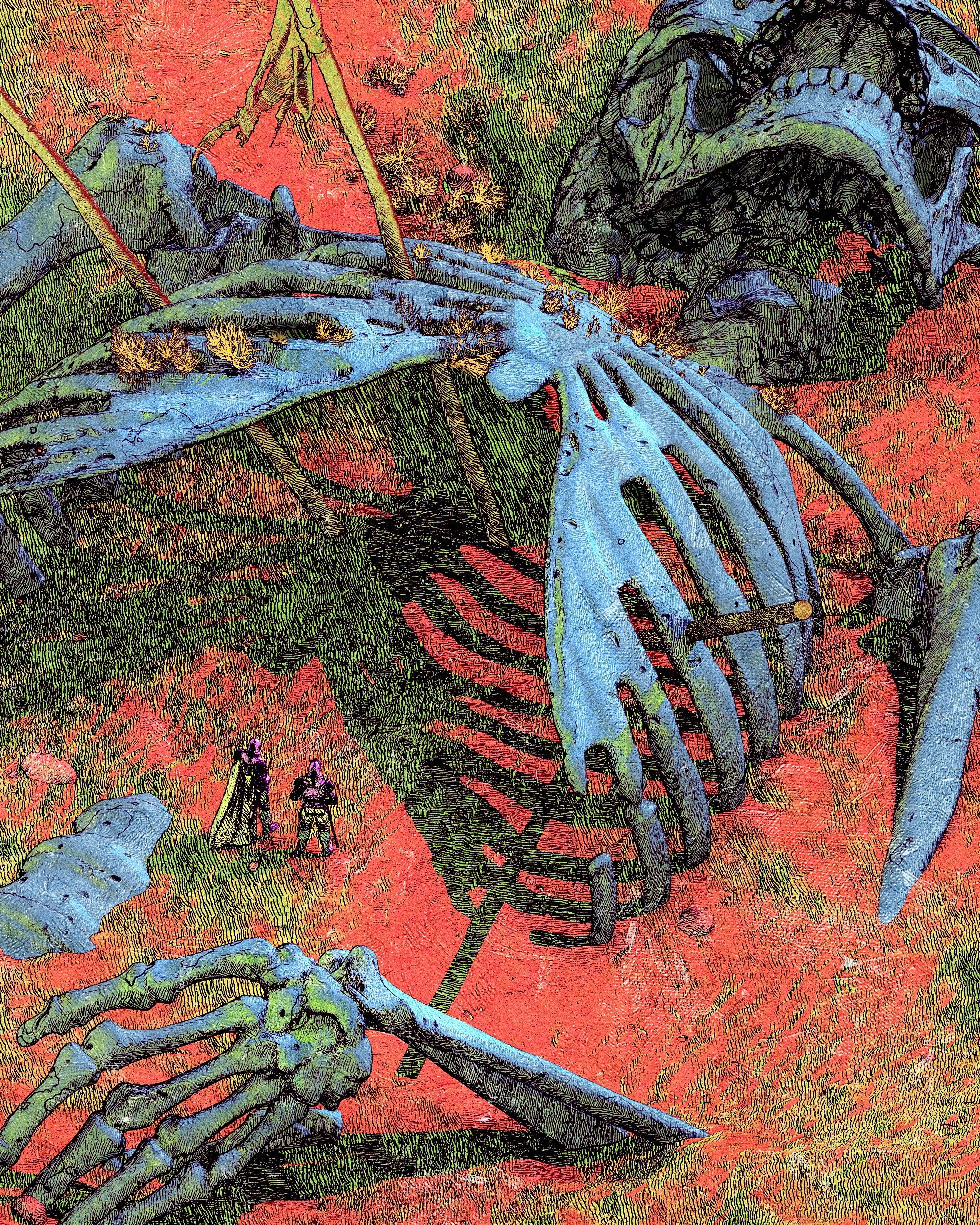 Giant skeleton in a red and green landscape with two figures HD Phone Wallpaper