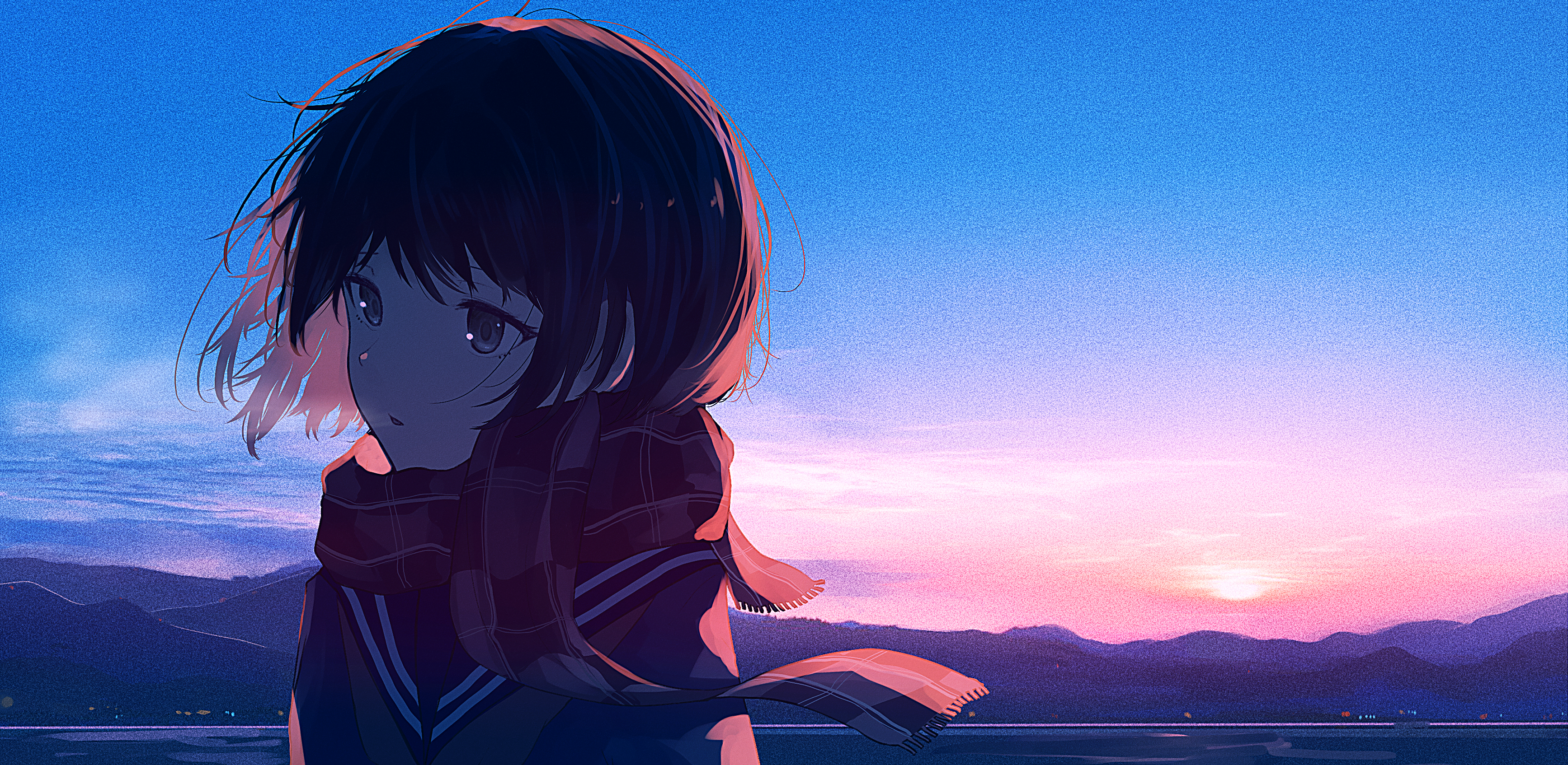 Mifuru in a scarf at dusk with mountains HD Wallpaper