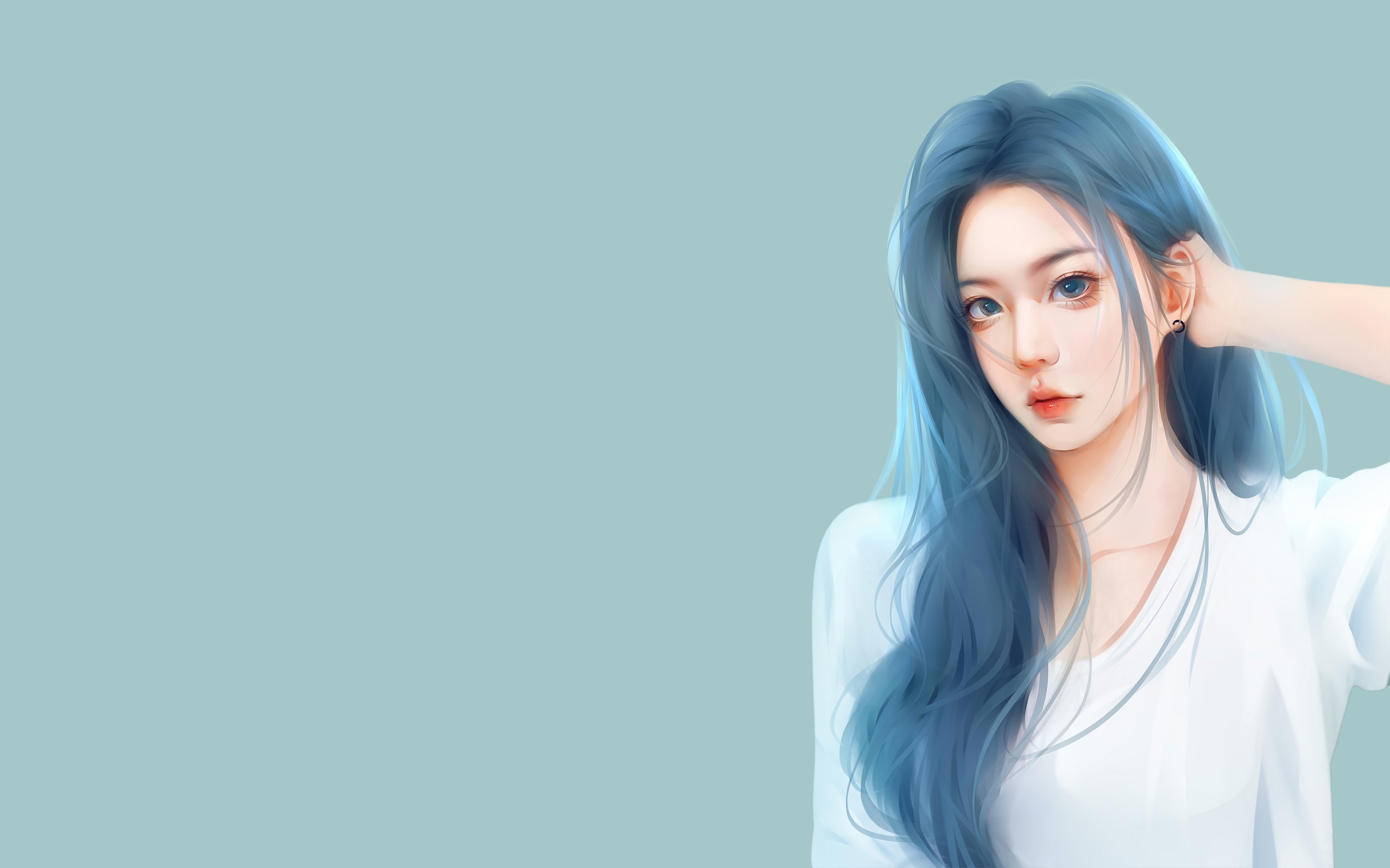 Asian woman with blue hair wearing white top HD Wallpaper