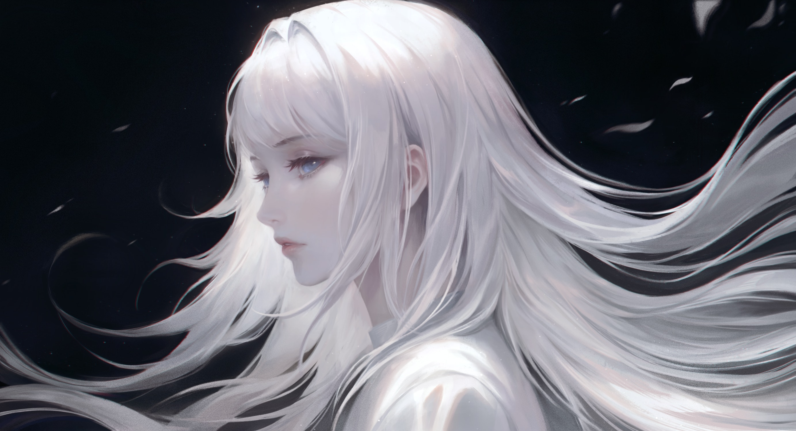 Illustration of a woman with long white hair HD Wallpaper