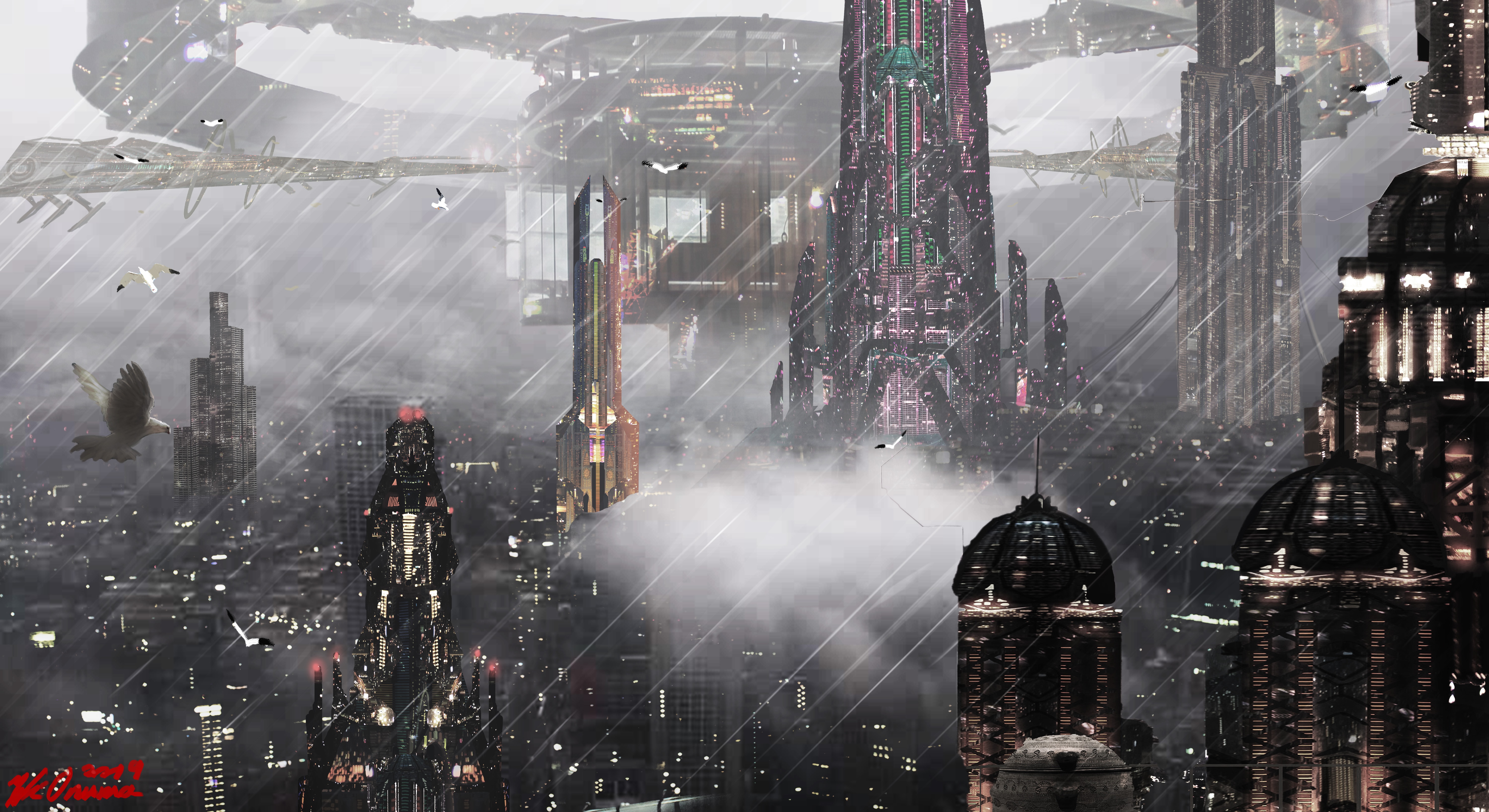 4K Futuristic Cityscape with Flying Birds HD Wallpaper
