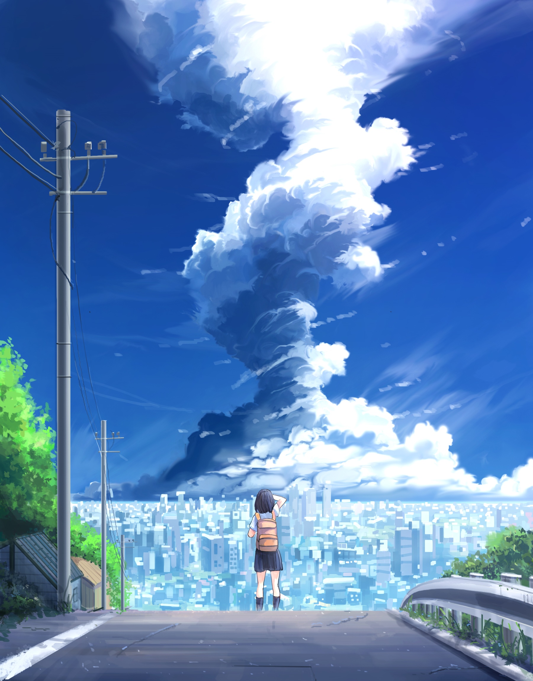Girl in school uniform looking at a city with dramatic clouds HD Phone Wallpaper