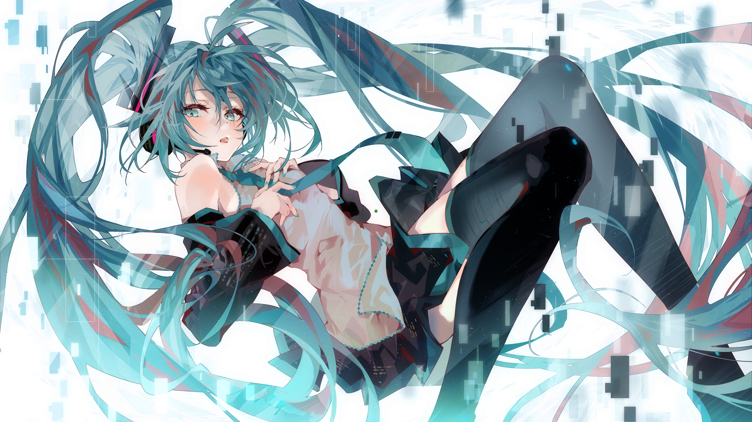 Hatsune Miku with flowing blue twintails and digital background HD Wallpaper