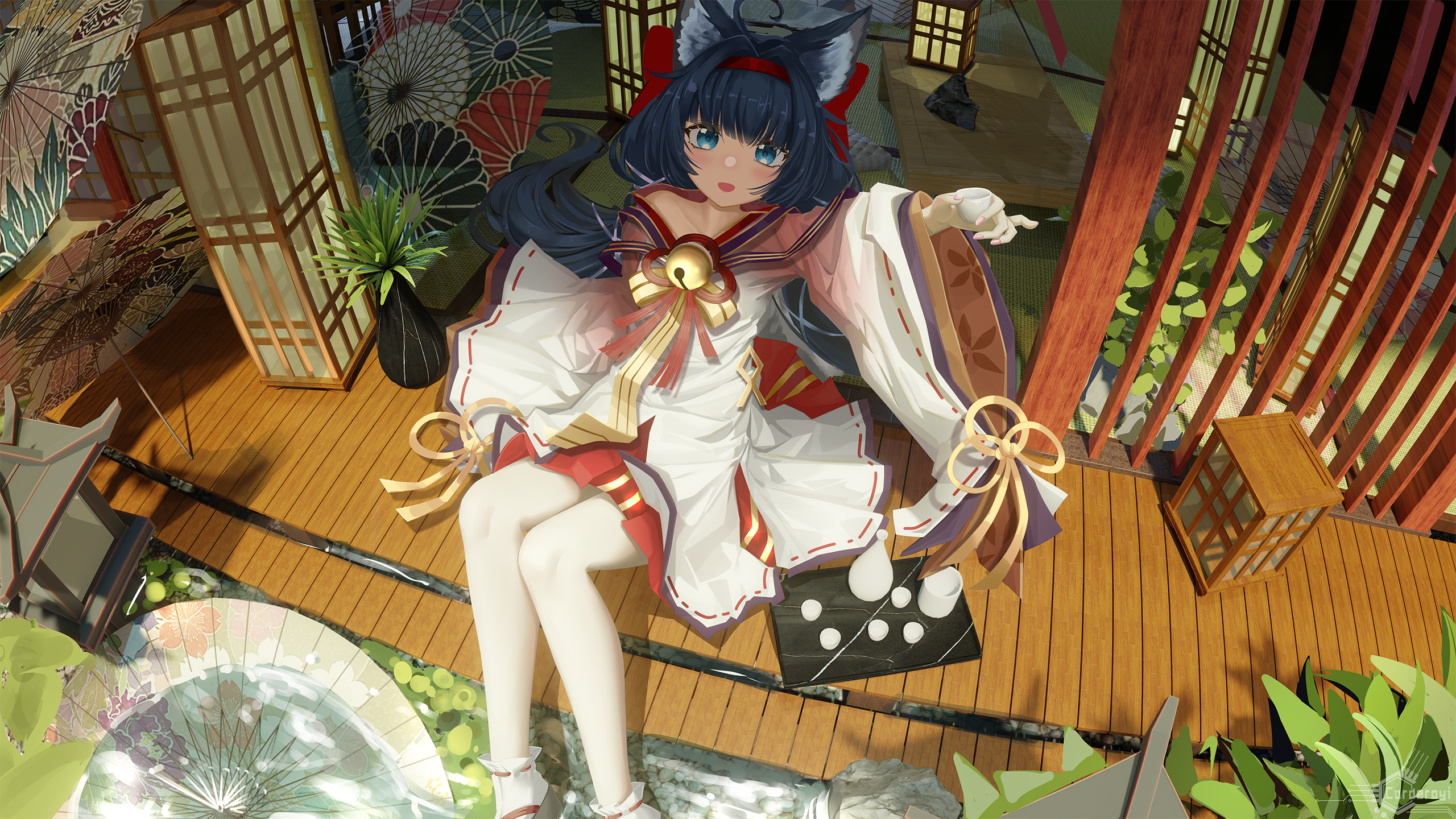 Fox girl in kimono with umbrellas and lanterns HD Wallpaper