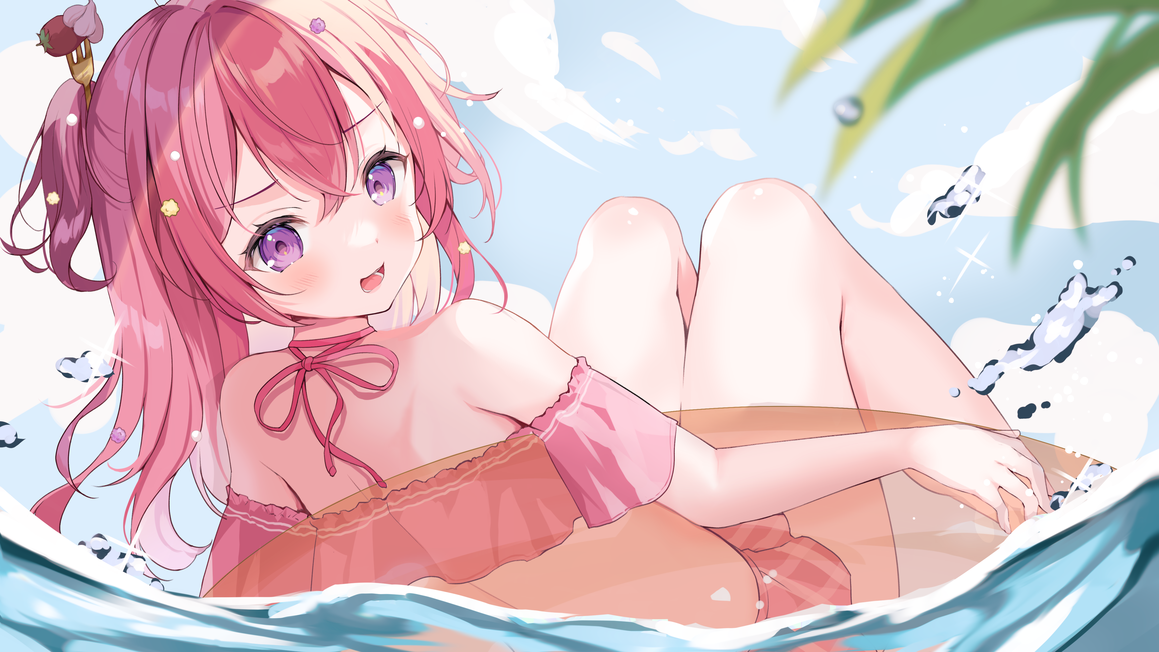 Anime girl with pink hair in swimwear in water HD Wallpaper