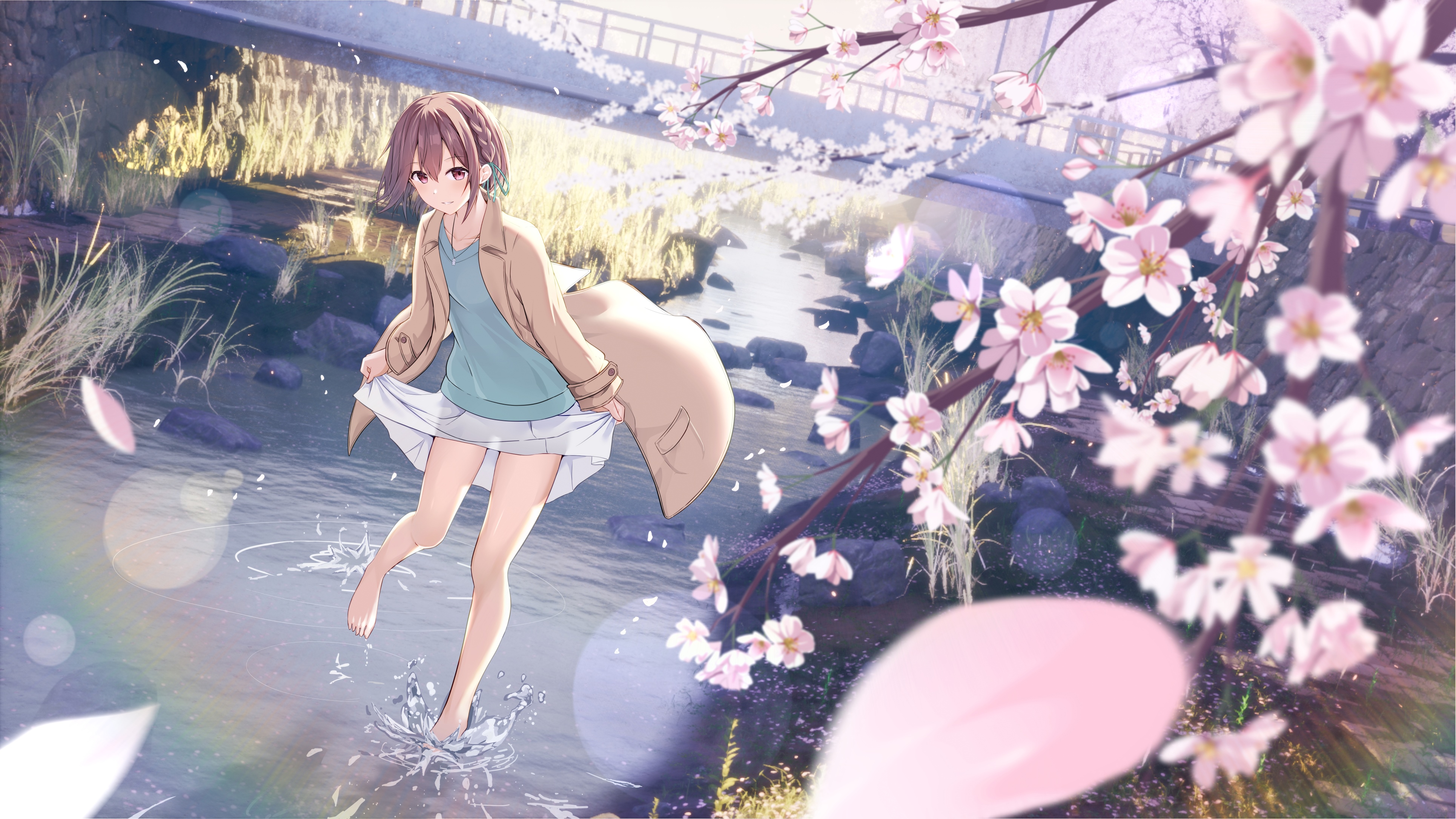 Girl lifting skirt standing in water with cherry blossoms HD Wallpaper