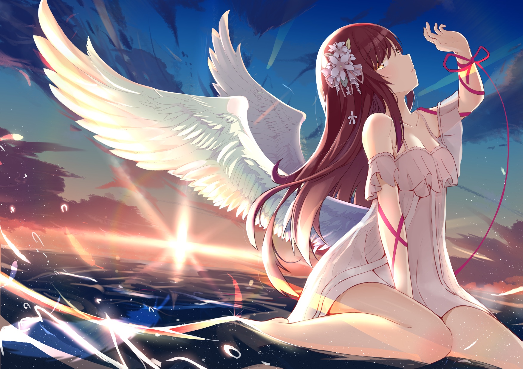 Angel girl with wings at sunset over water HD Wallpaper