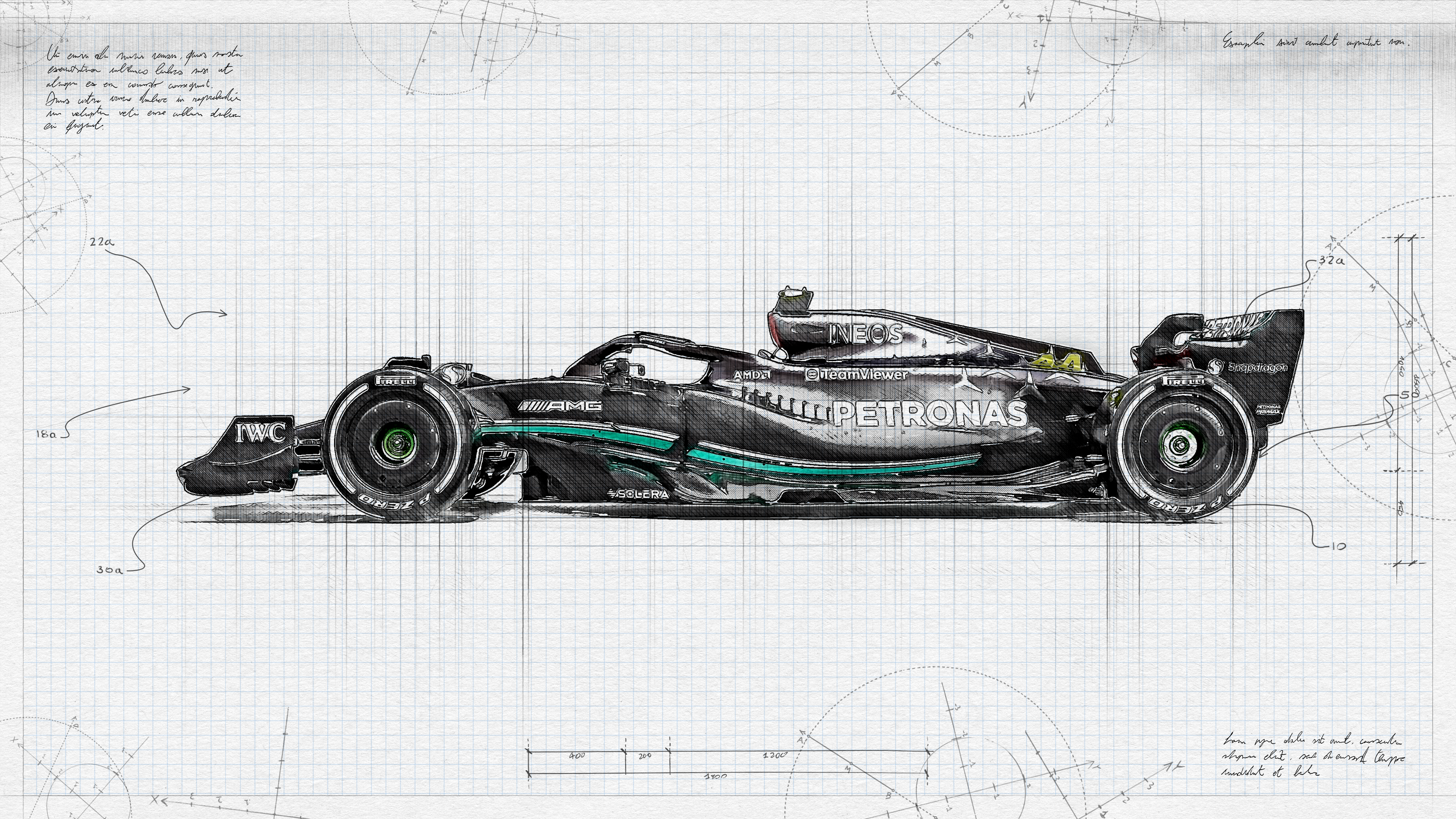 4K Mercedes F1 Drawing Side View HD Wallpaper