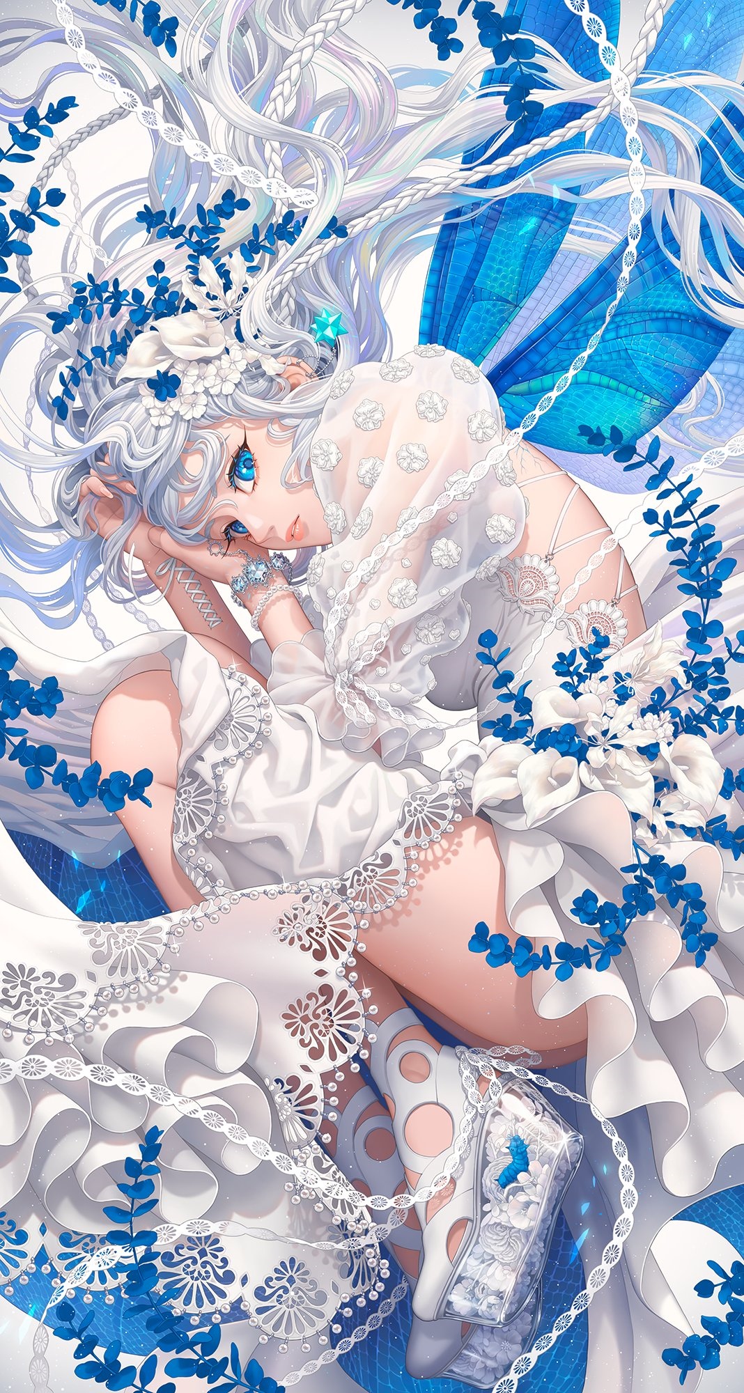 Anime girl with white hair and blue eyes in a white dress HD Phone Wallpaper