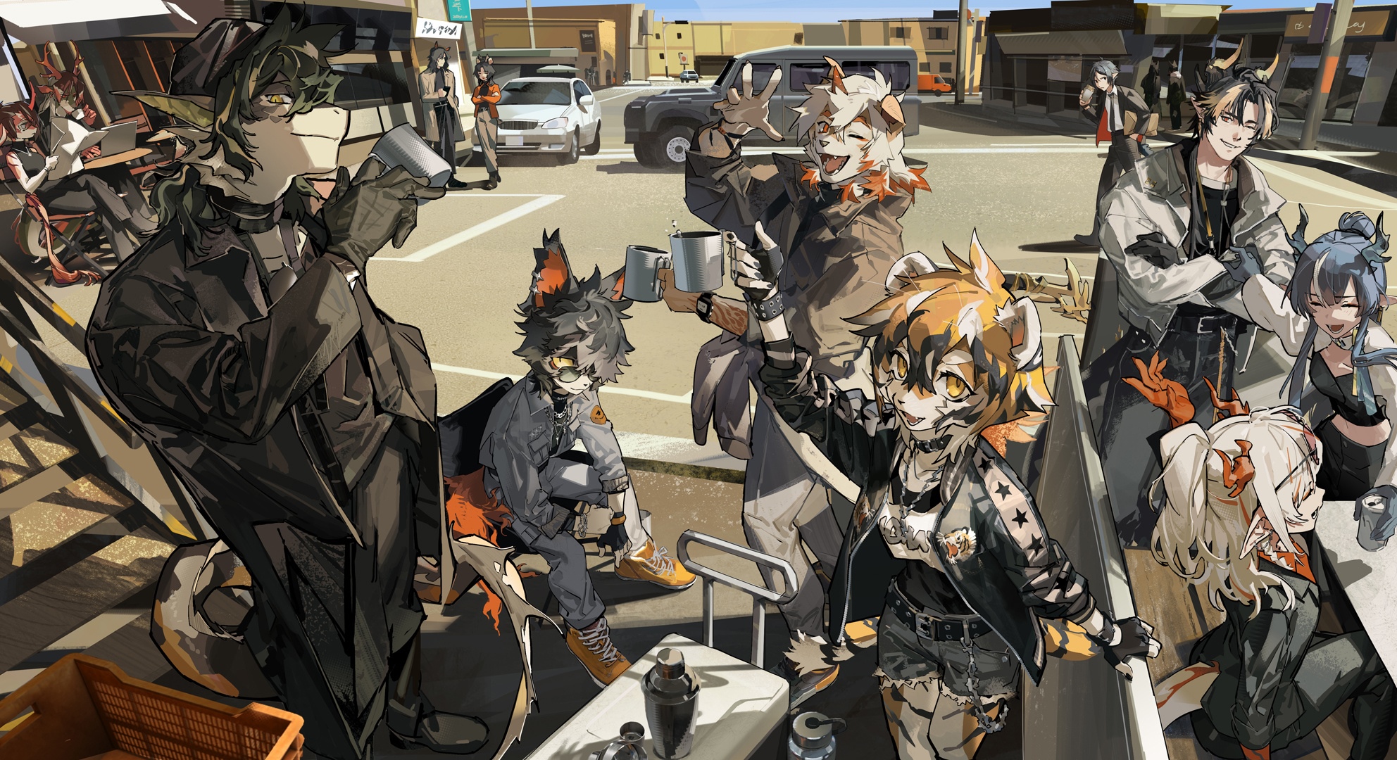 Arknights characters gathered on a street HD Wallpaper