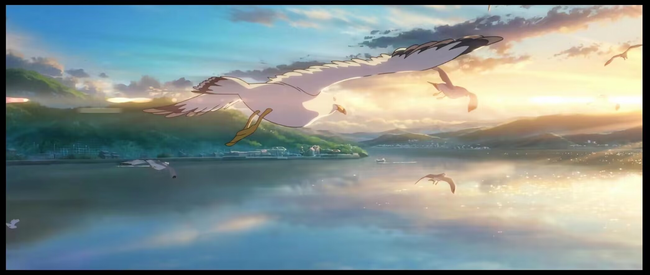 Suzume birds flying over a lake at sunset HD Wallpaper