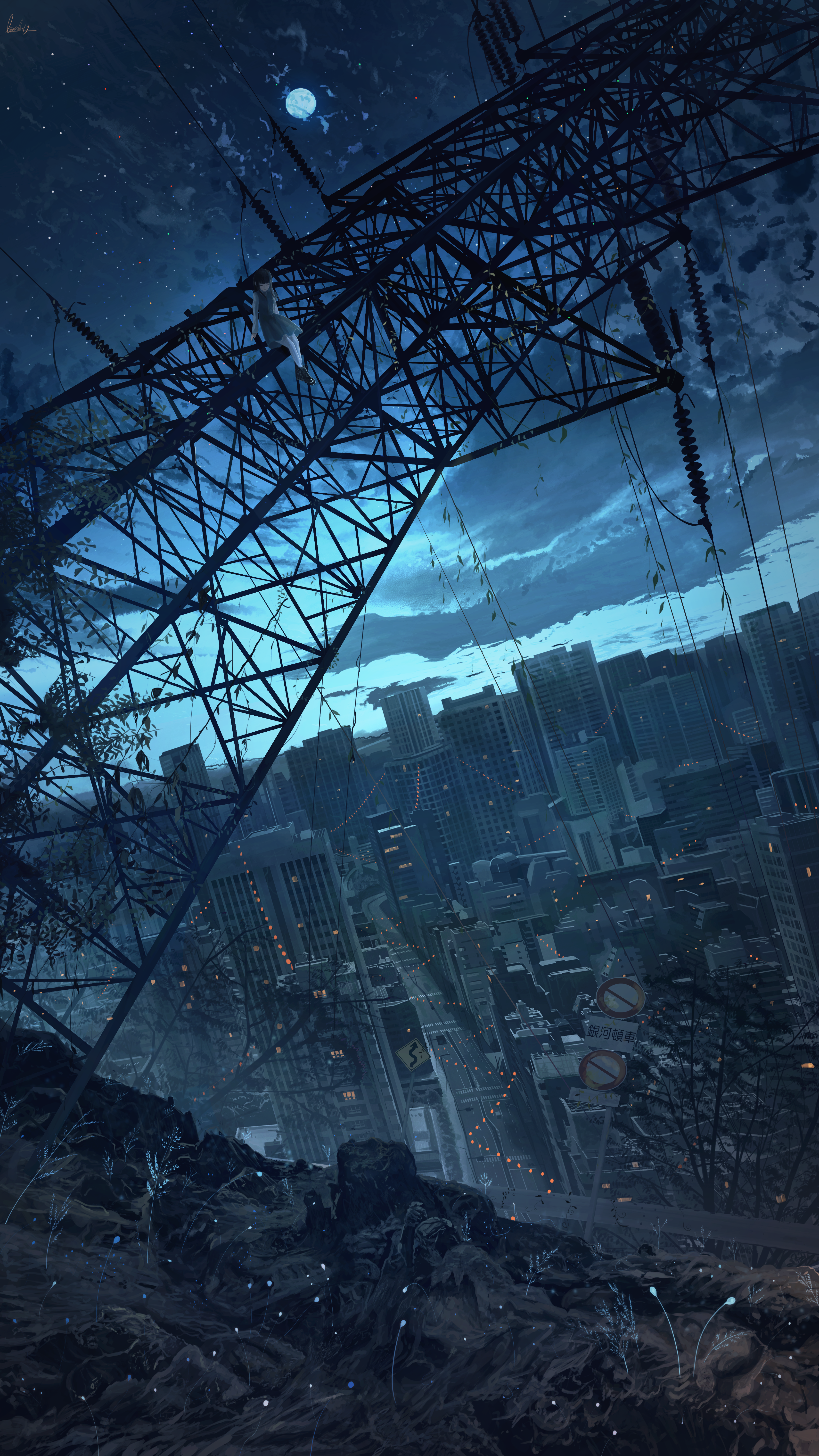 Girl on power lines overlooking a city at night HD Phone Wallpaper