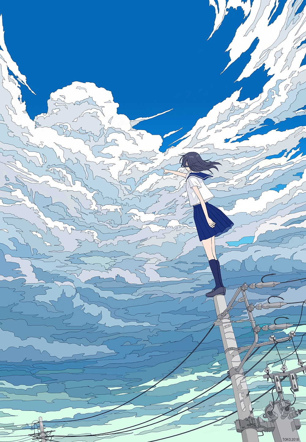 Schoolgirl on a utility pole reaching for clouds HD Phone Wallpaper
