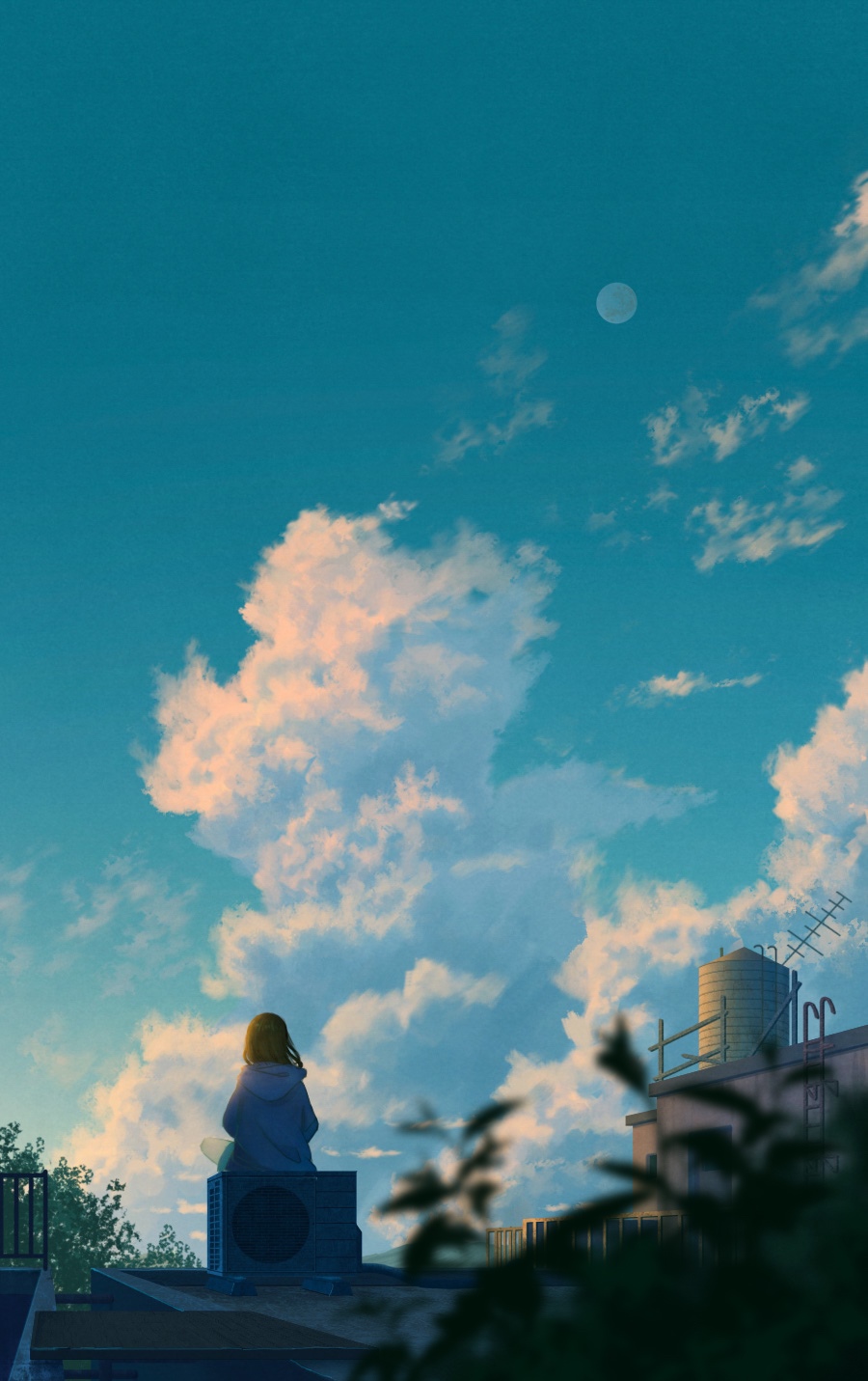 Girl sitting on rooftop looking at the sky and moon HD Phone Wallpaper