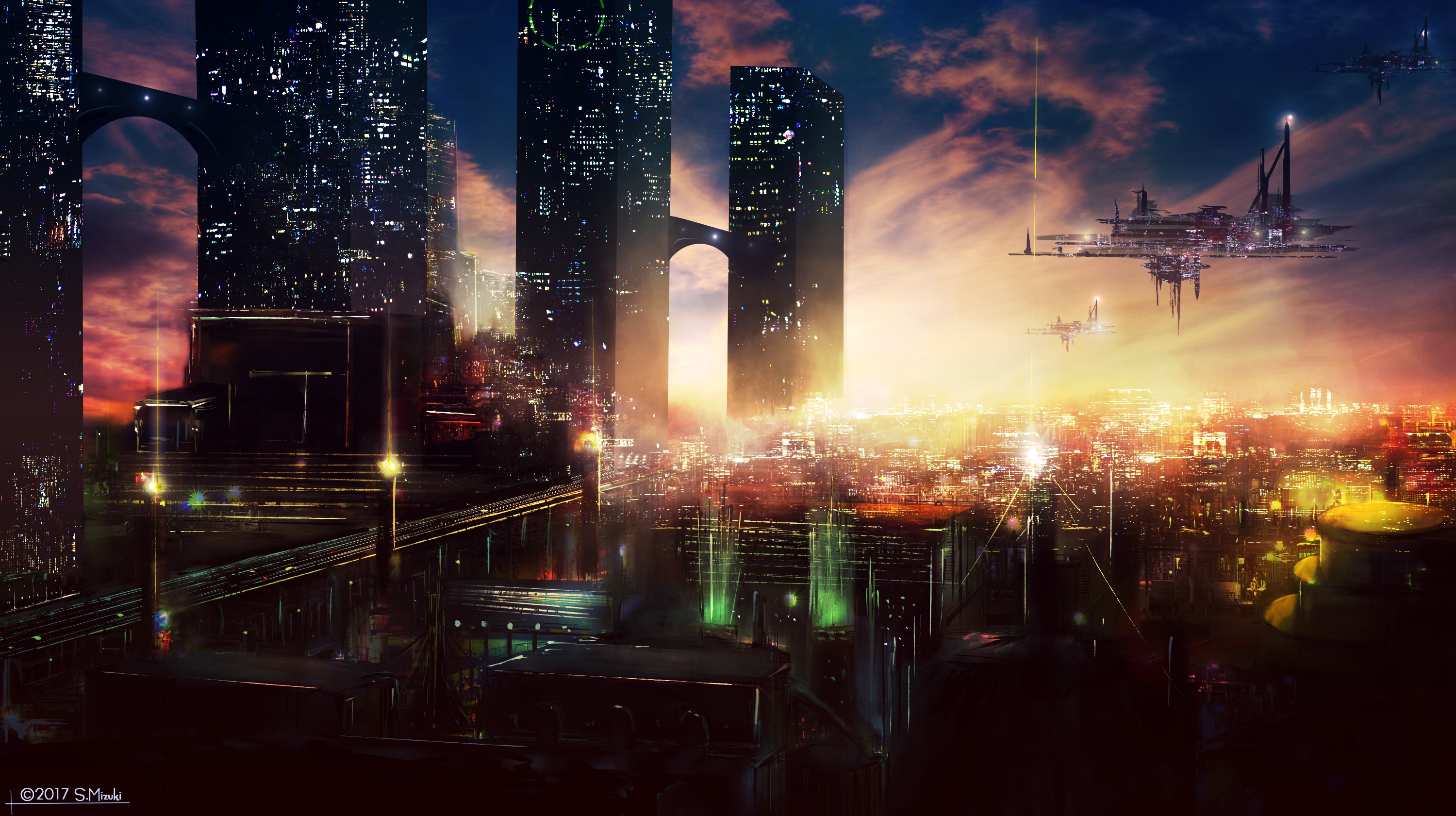 Futuristic Cityscape at Sunset with Flying Vehicles HD Wallpaper