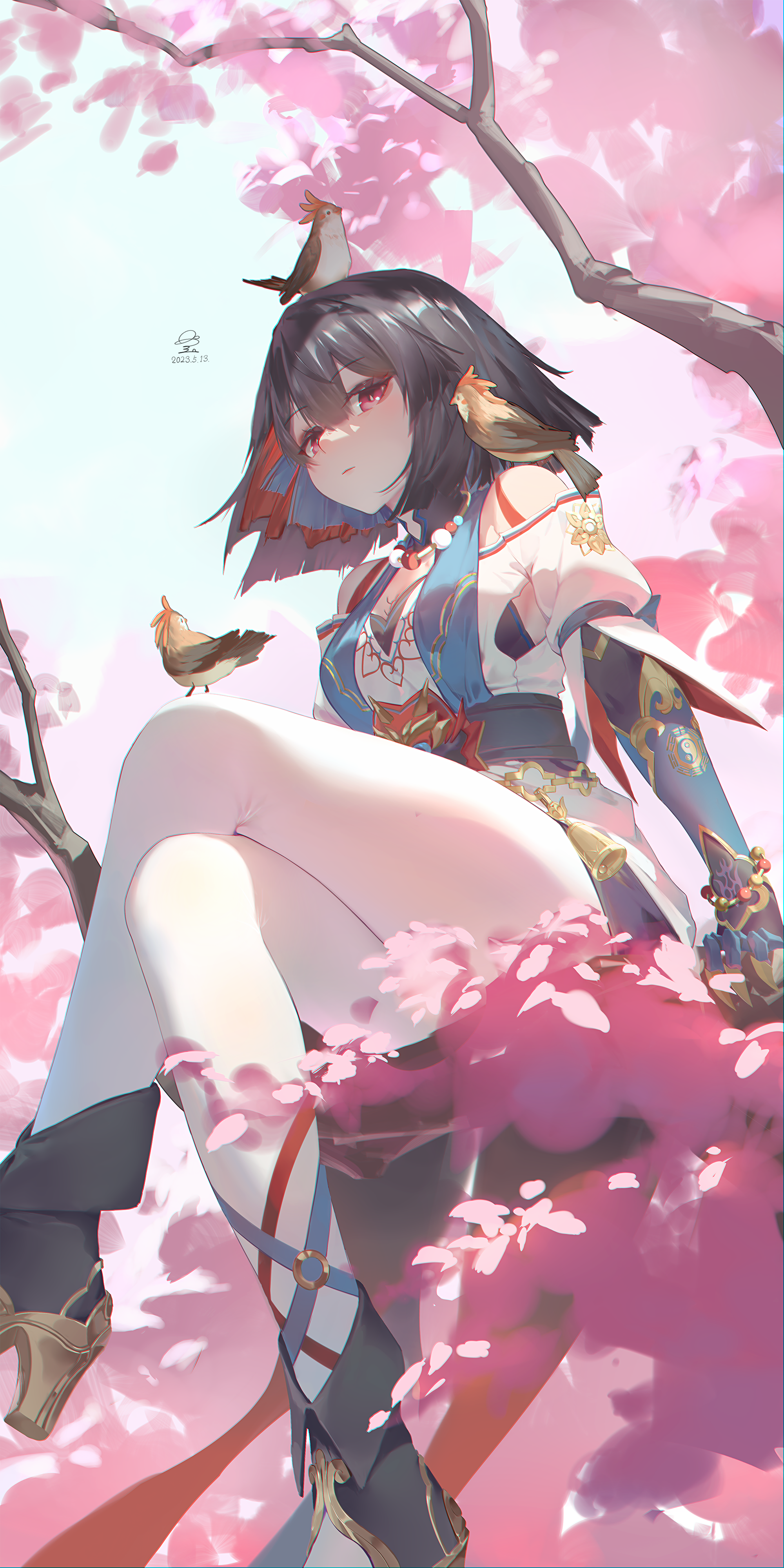 Xueyi with birds on a cherry blossom branch HD Phone Wallpaper