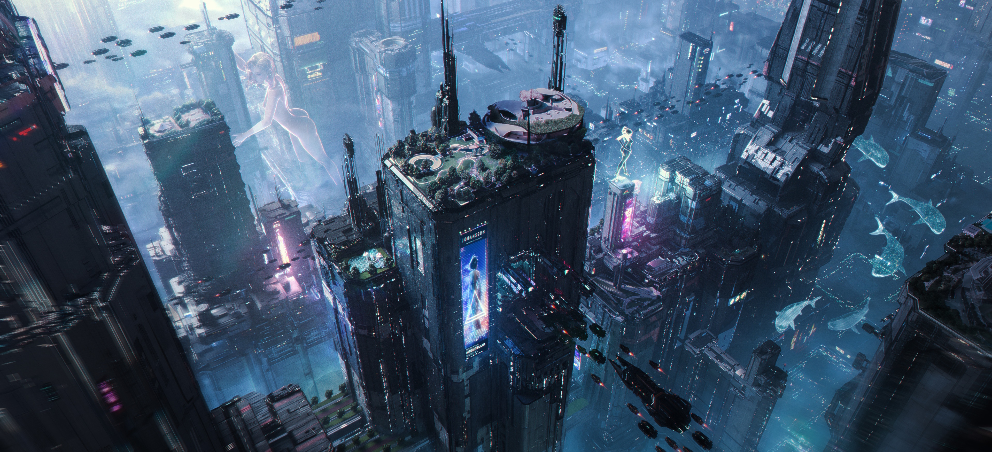 4K Futuristic Cyberpunk Cityscape with Flying Vehicles HD Wallpaper