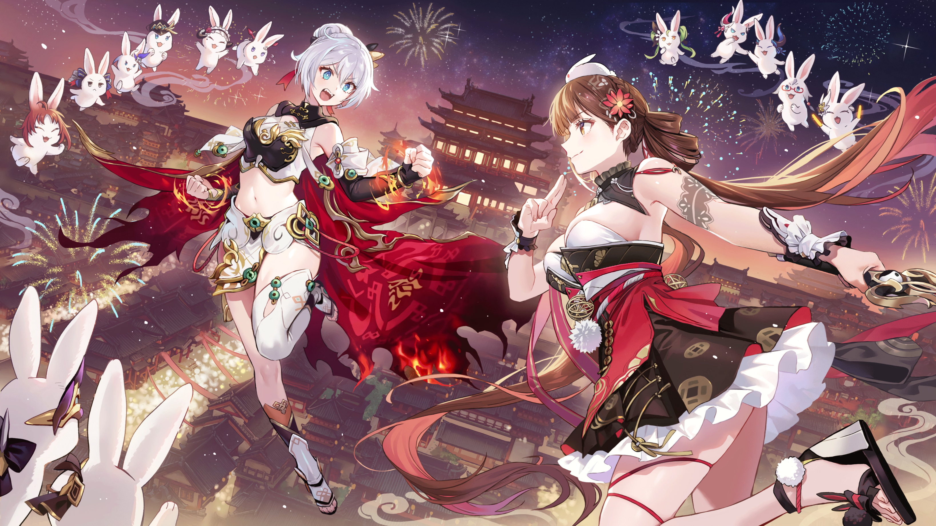 Kiana Kaslana and Li Sushang with fireworks and rabbits HD Wallpaper