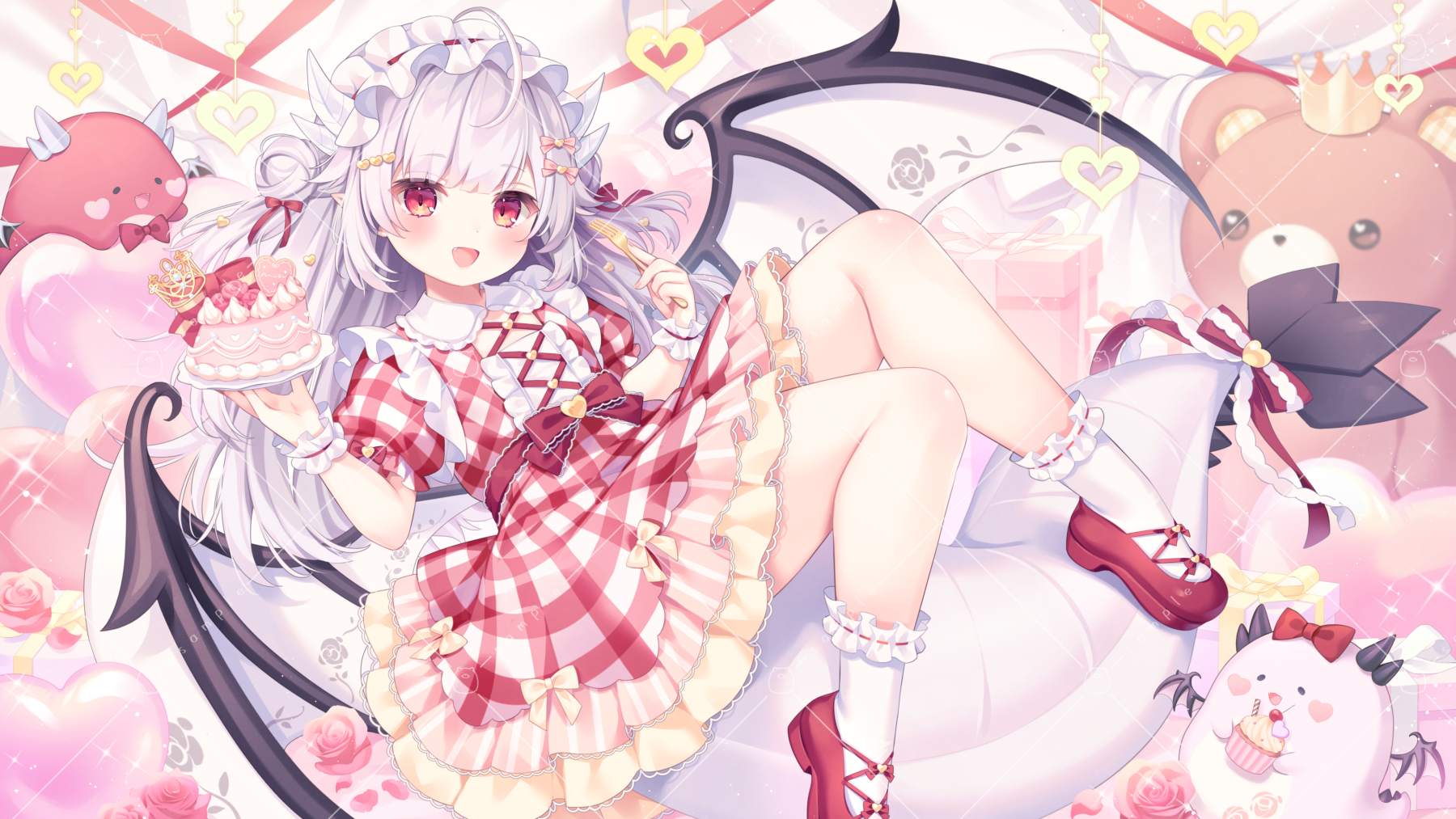 Girl in a red and white dress holding a cake HD Wallpaper