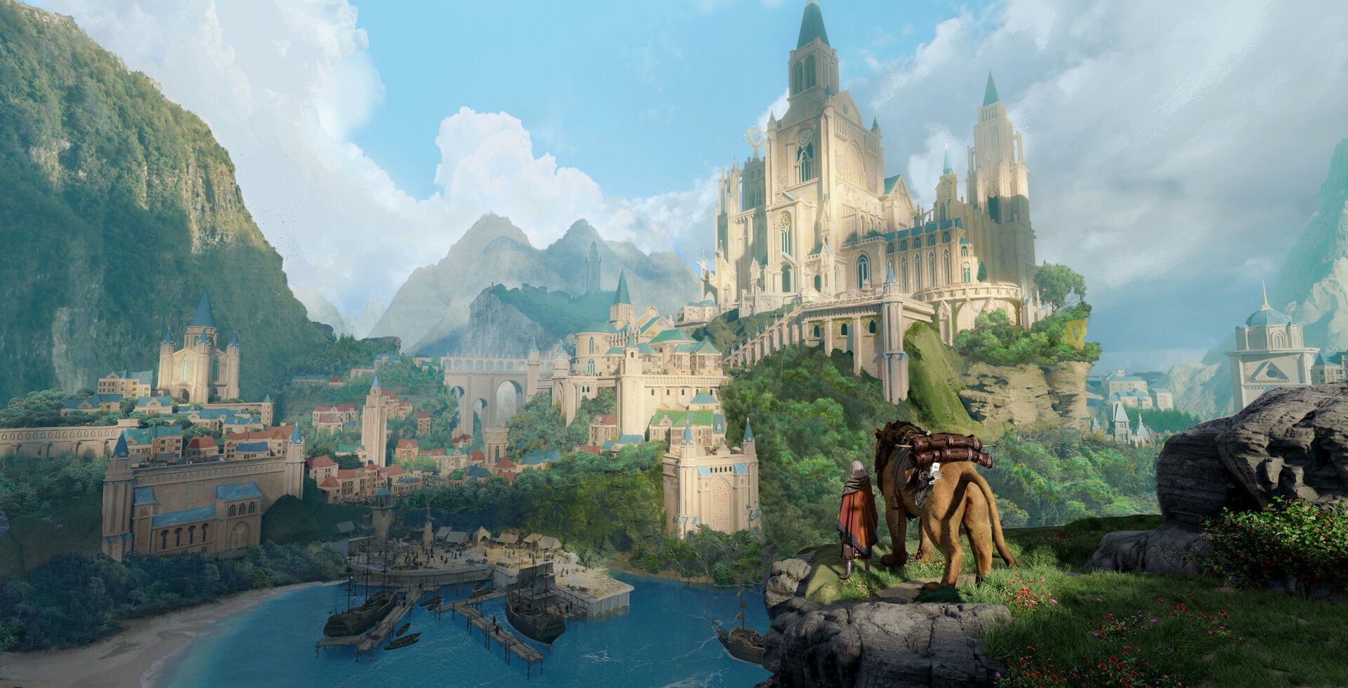 Fantasy city with castle and mountains HD Wallpaper