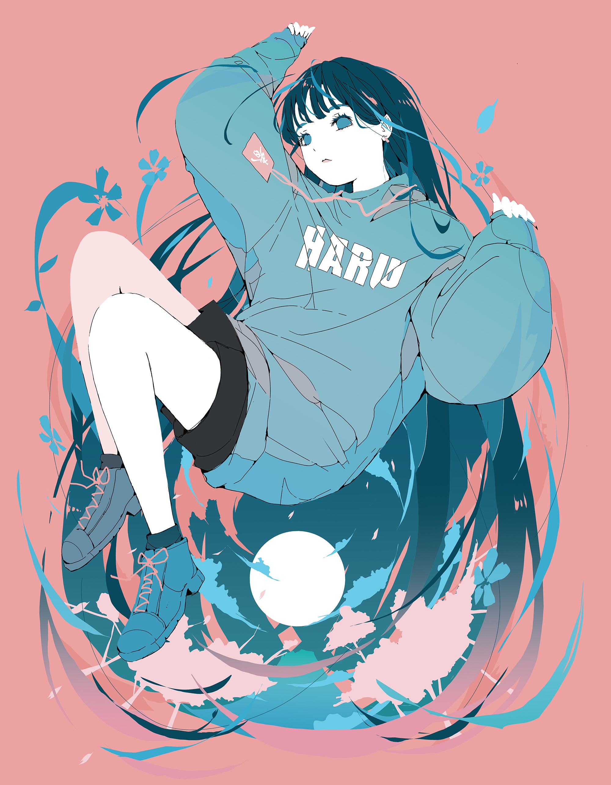 Girl in blue hoodie with HARU text HD Phone Wallpaper