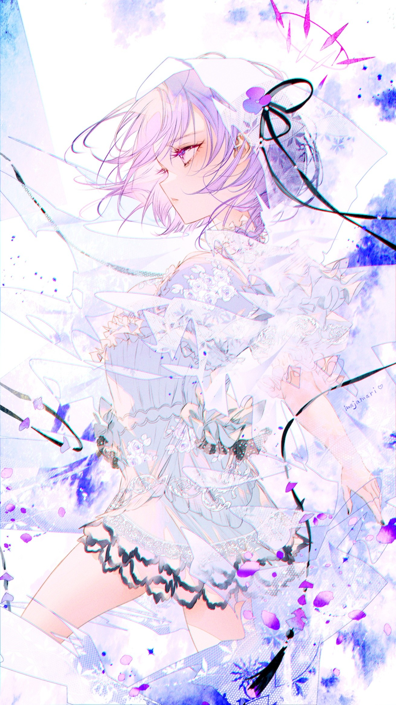 Anime girl with purple hair and petals HD Phone Wallpaper