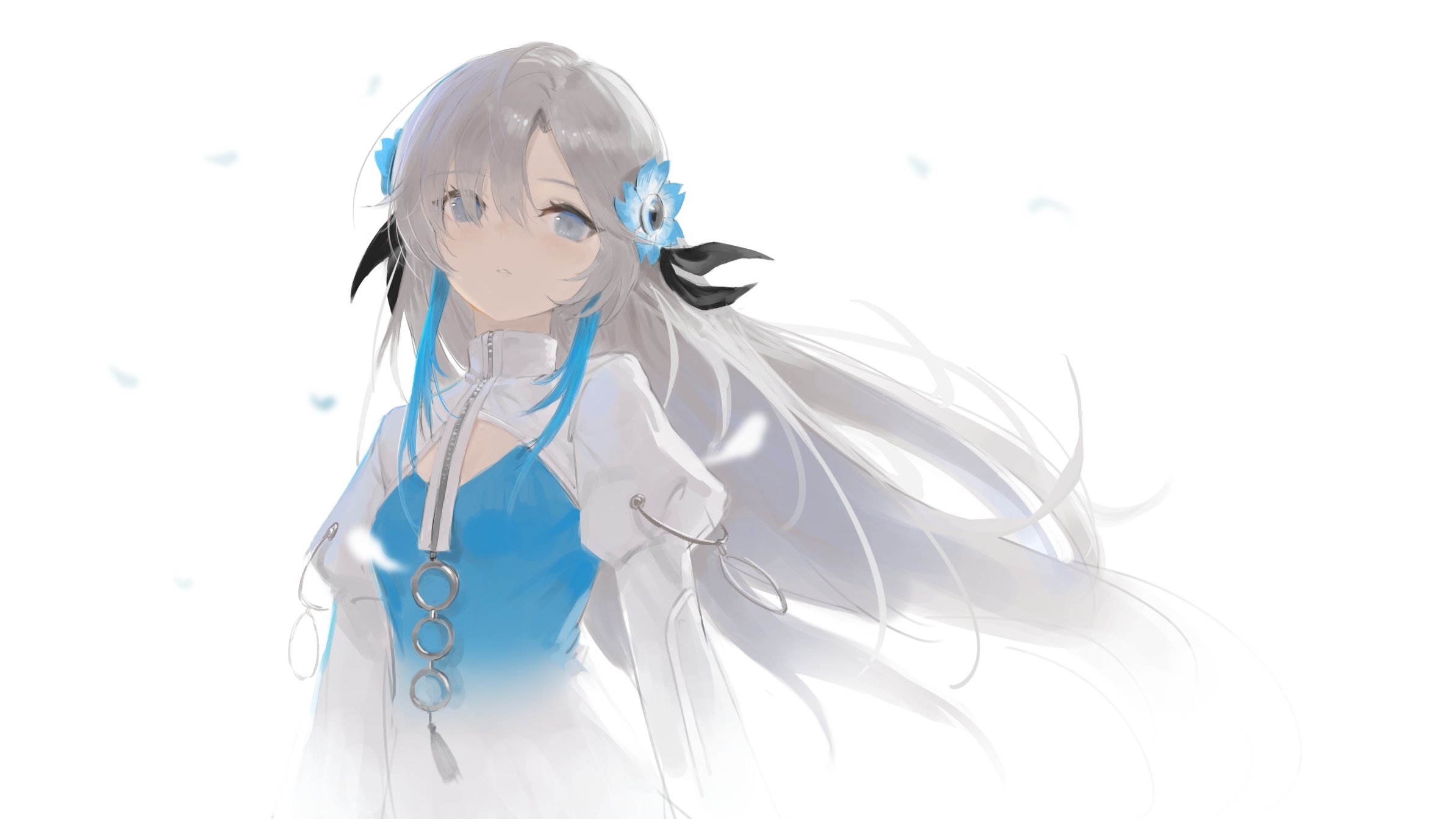 Anime girl with white hair and blue dress HD Wallpaper