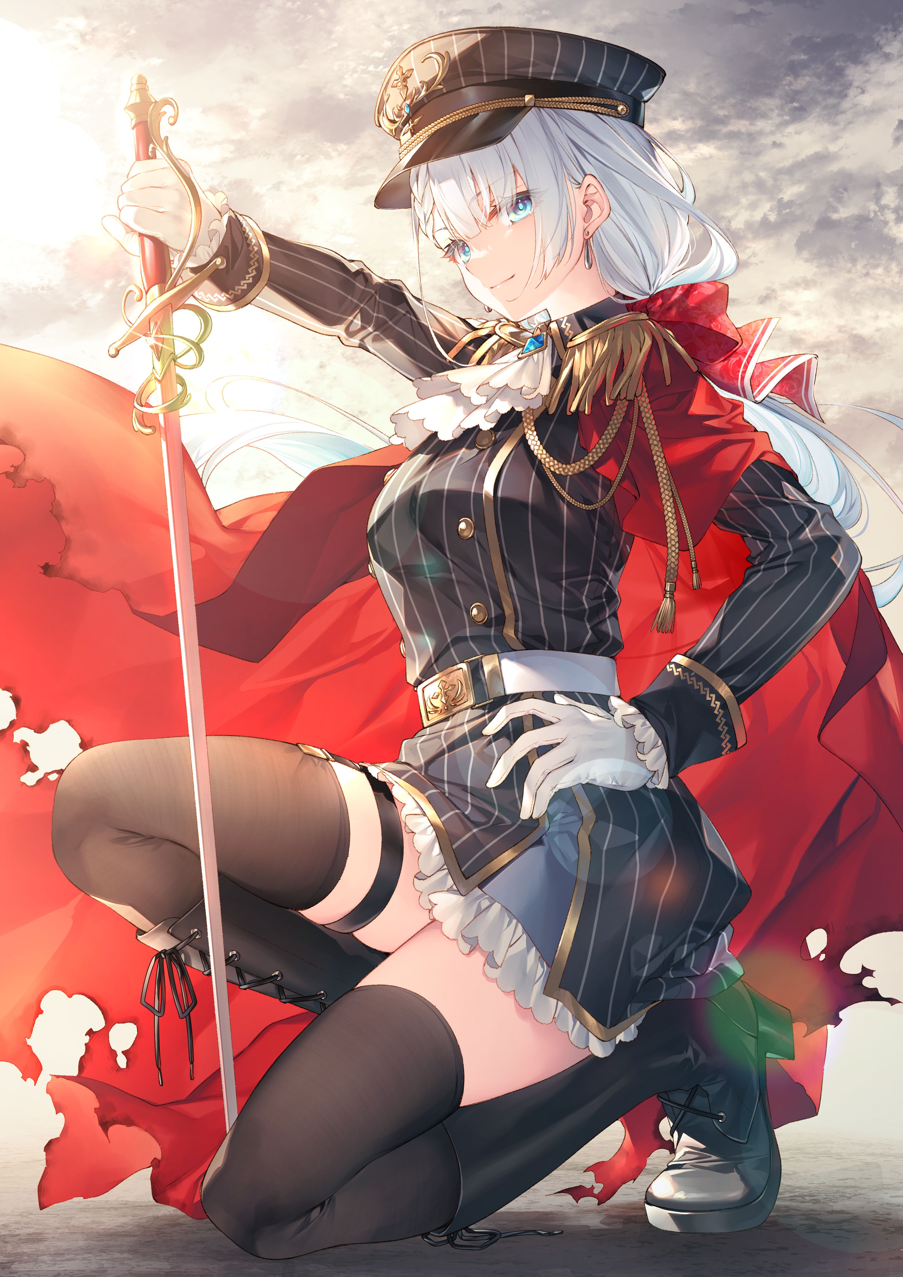 Anime girl in uniform with sword and red cape HD Phone Wallpaper