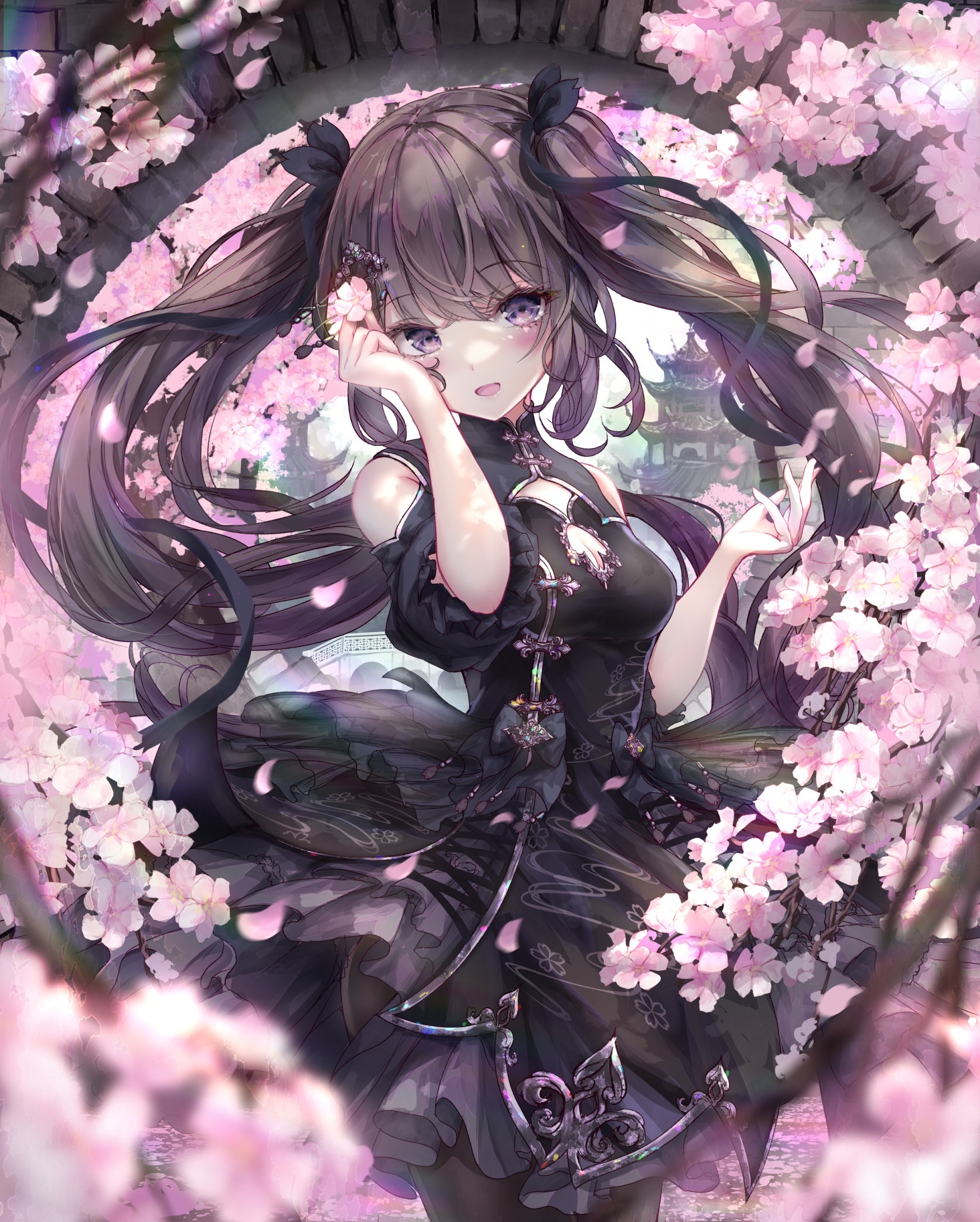 Girl in Chinese dress with cherry blossoms HD Phone Wallpaper
