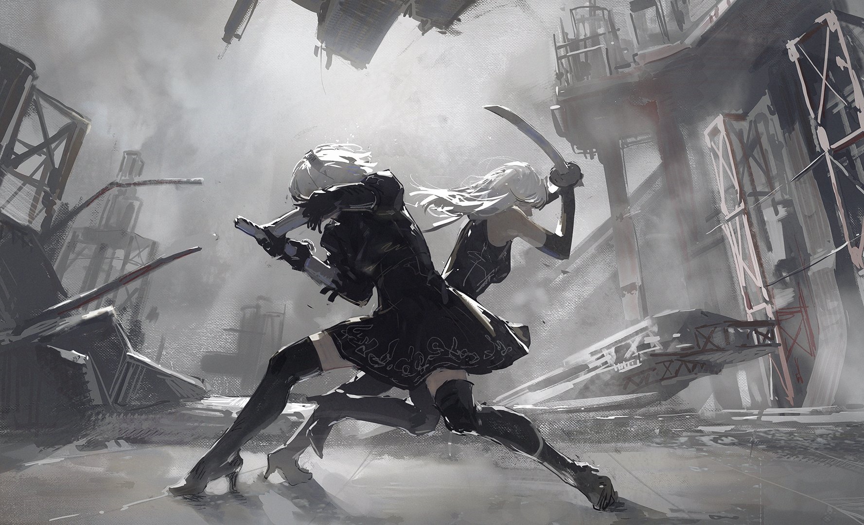 2B and A2 from Nier: Automata in combat HD Wallpaper