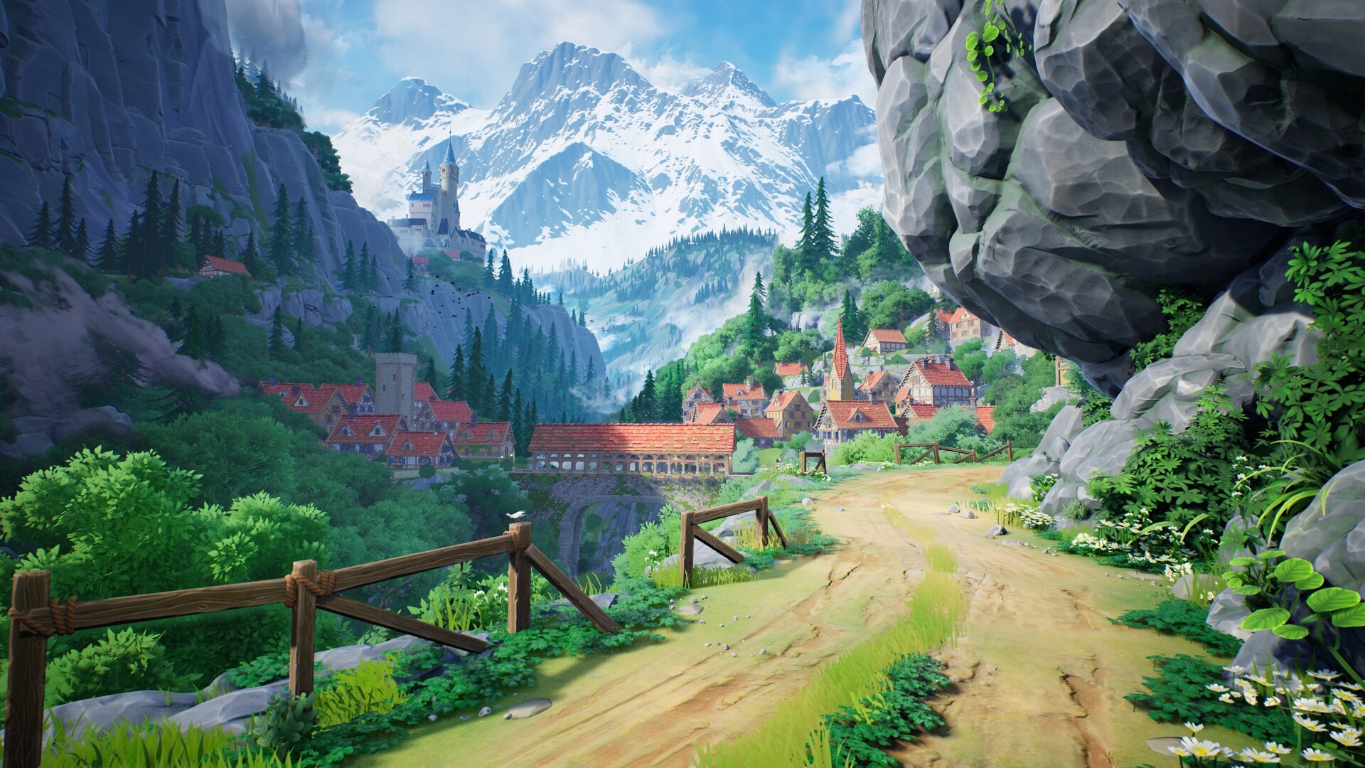 Village nestled in a mountain valley with a winding path HD Wallpaper