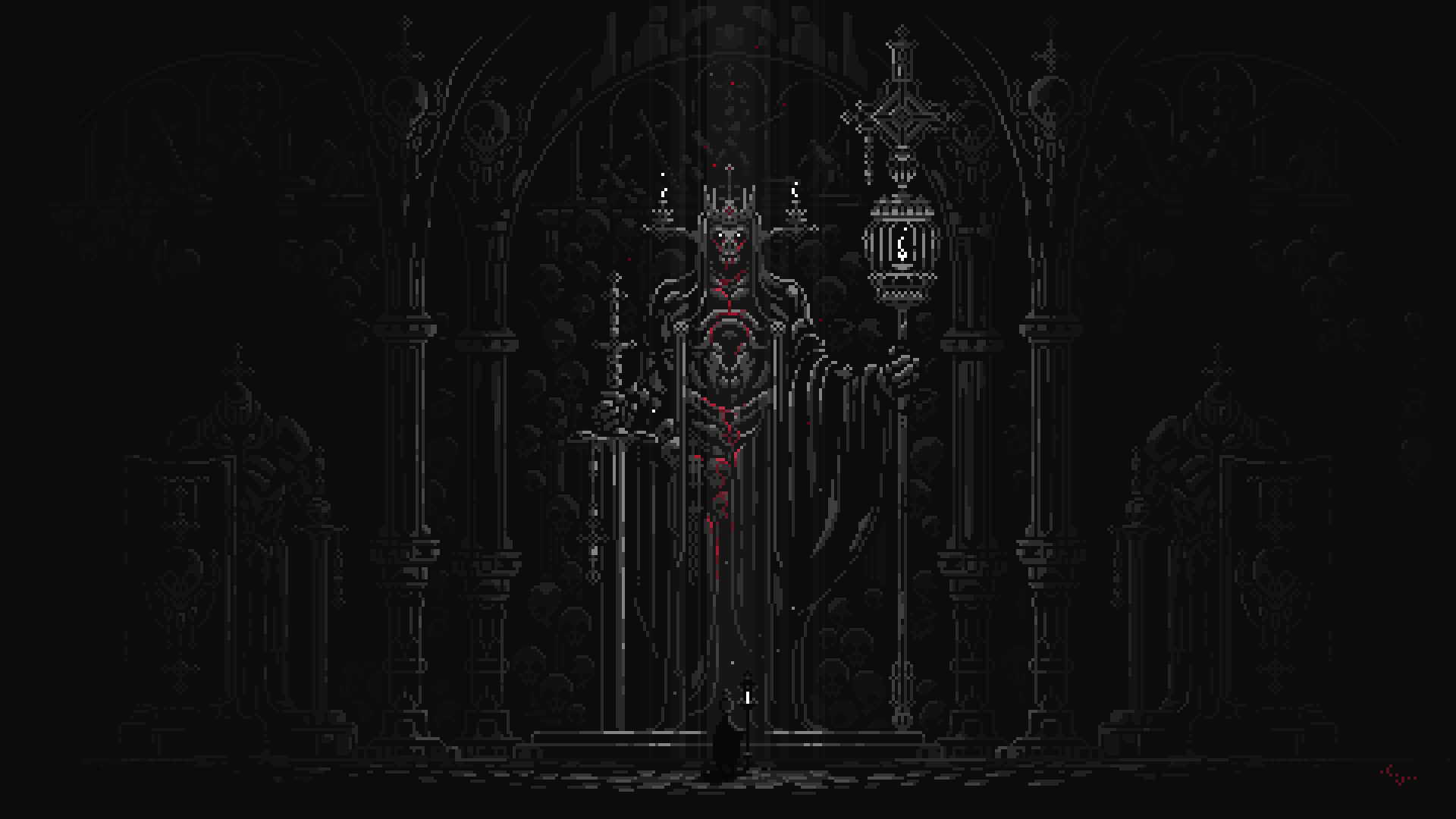 Pixel art of a skeletal king with a sword and lantern HD Wallpaper