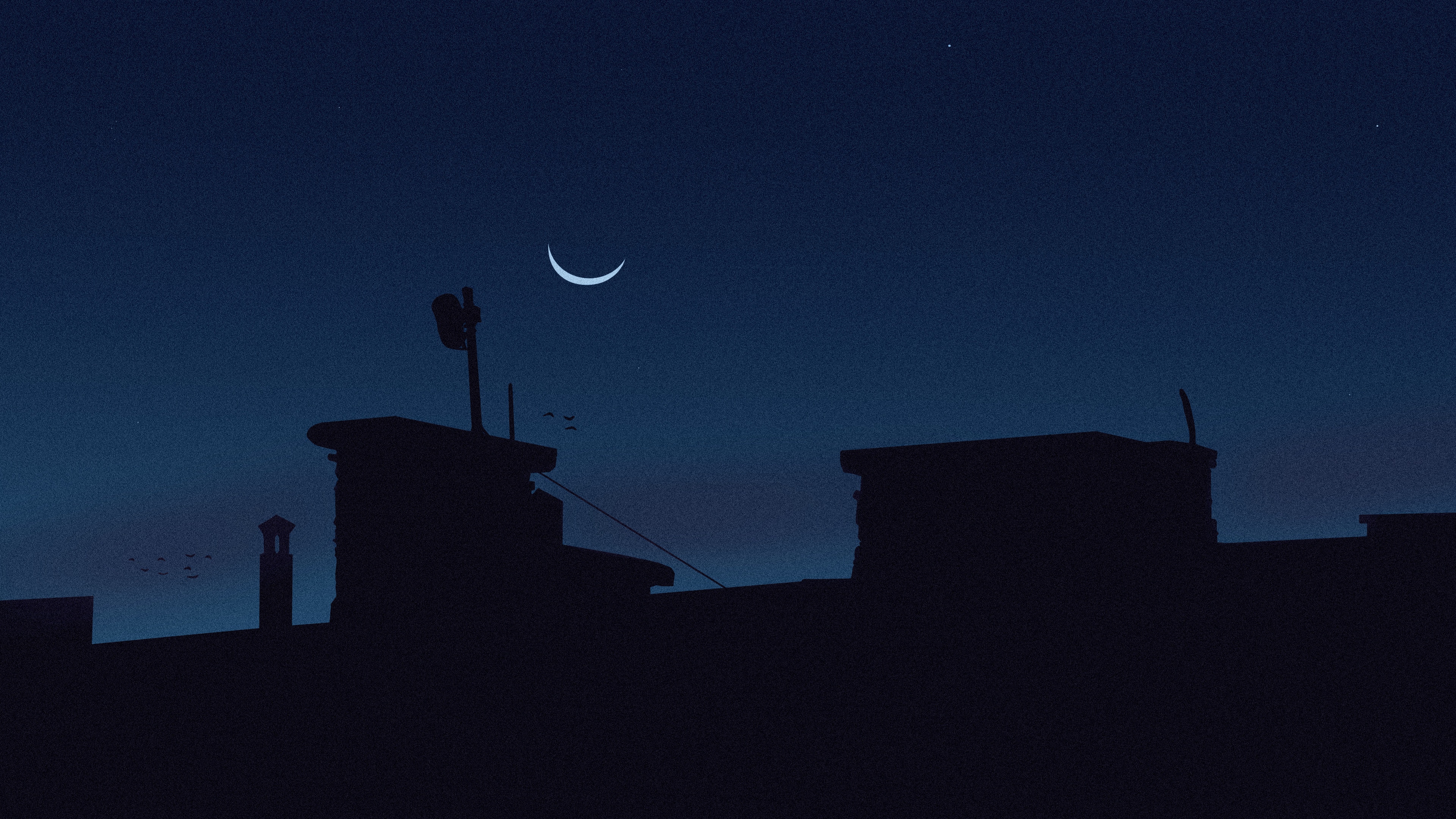Crescent moon over silhouetted buildings at night HD Wallpaper