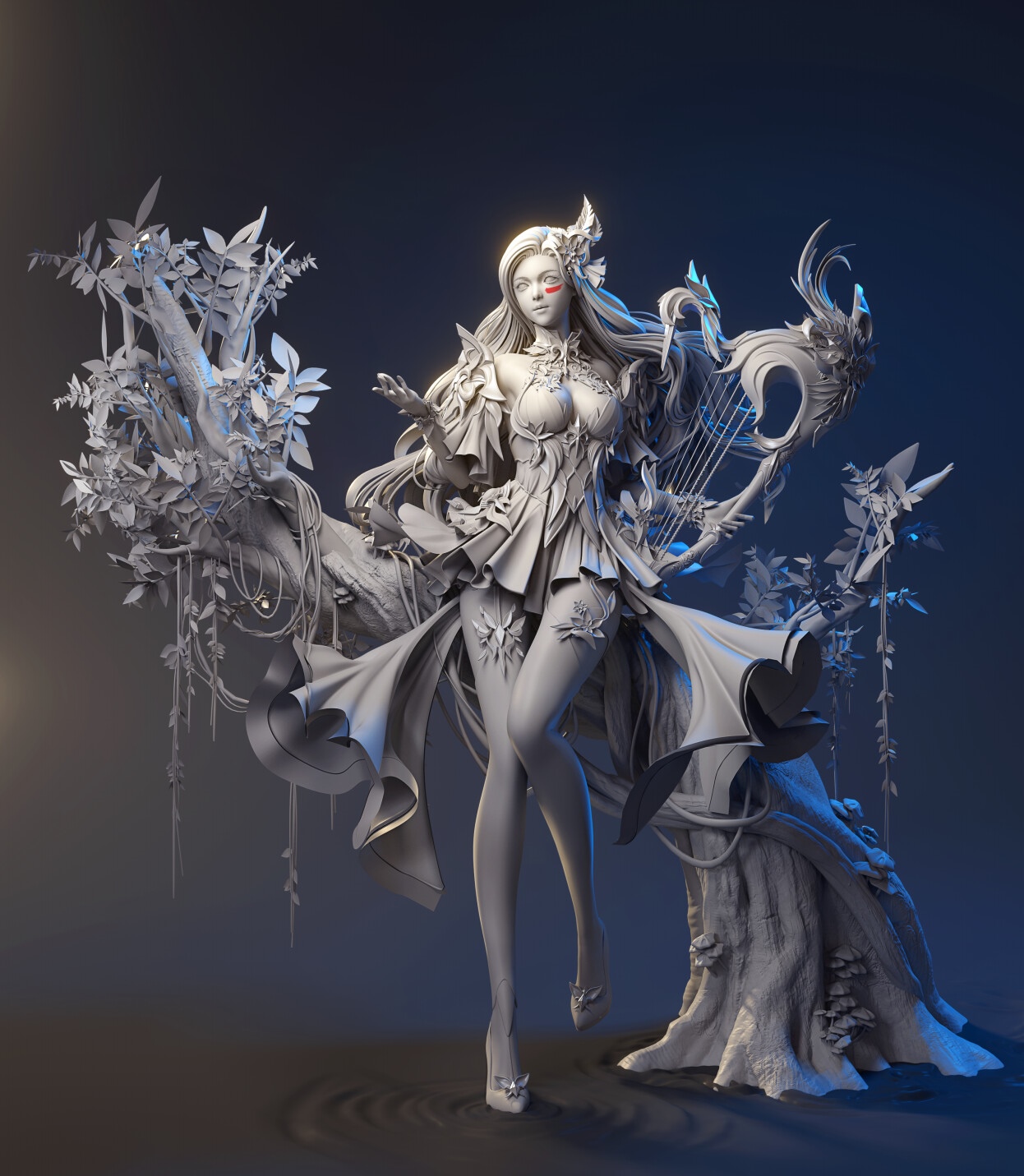 Statue of a woman with a harp and tree HD Phone Wallpaper