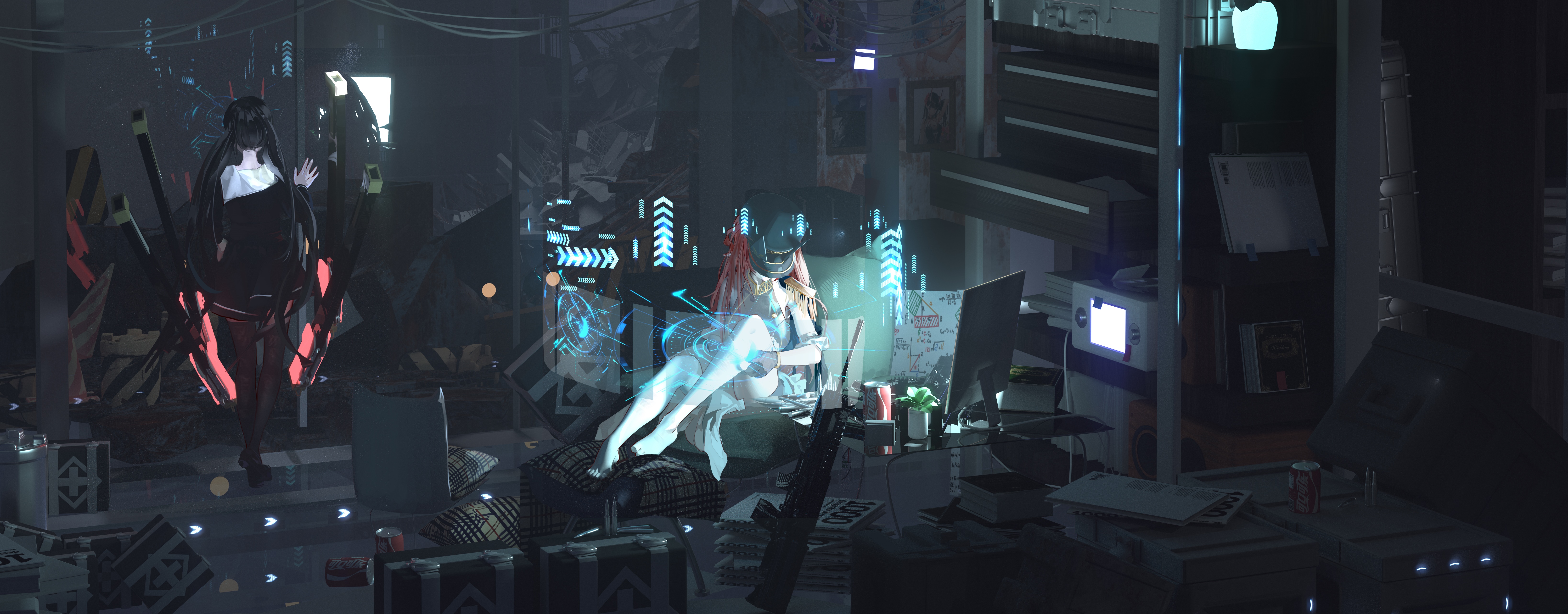Anime girl with twintails in a futuristic room HD Wallpaper