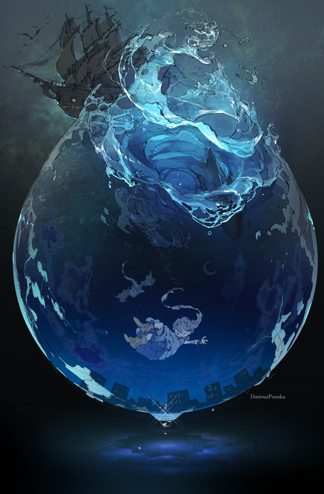 A ship and a falling figure in a water droplet world HD Phone Wallpaper