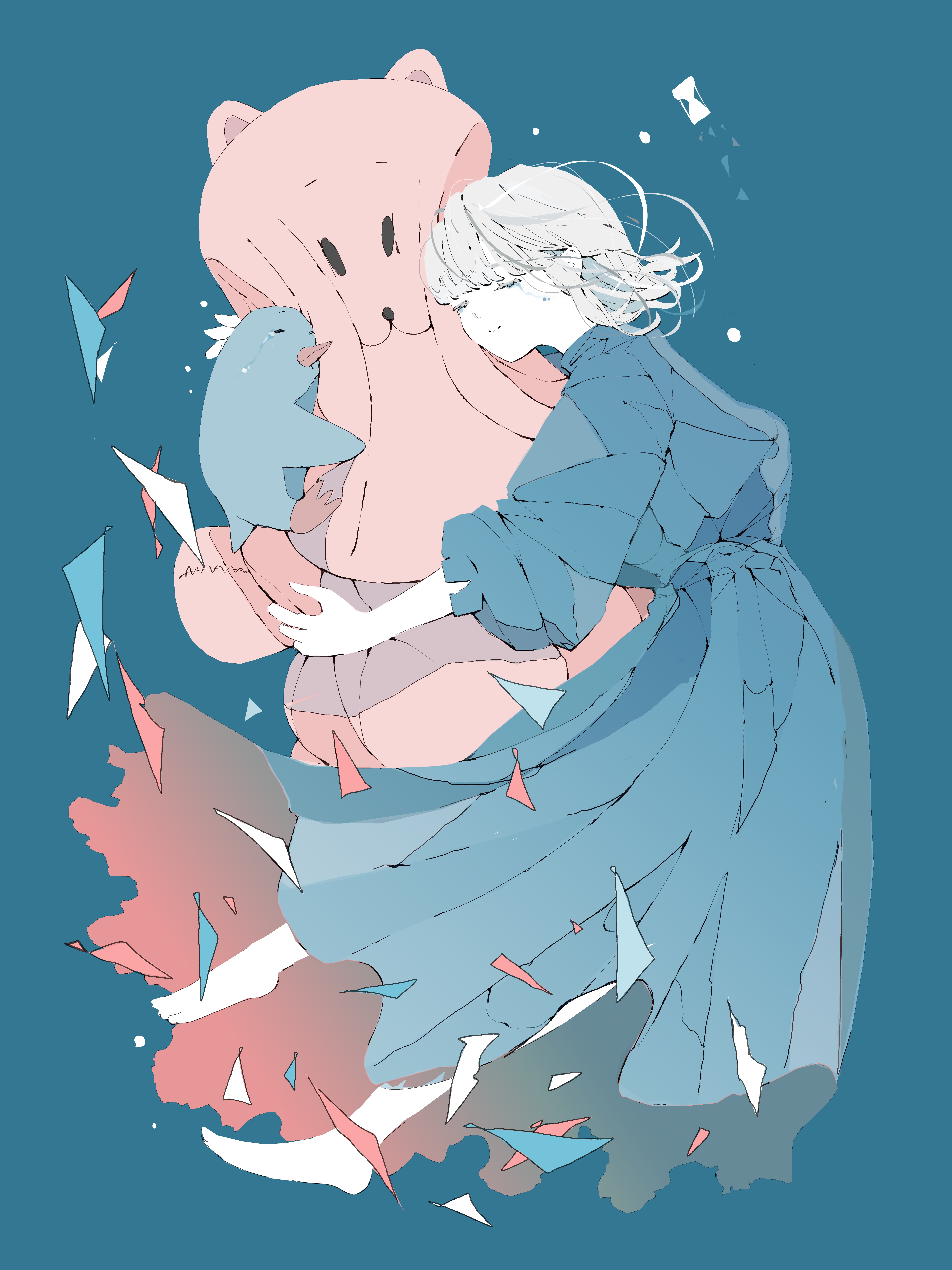 Girl hugging a pink bear and a blue creature HD Phone Wallpaper