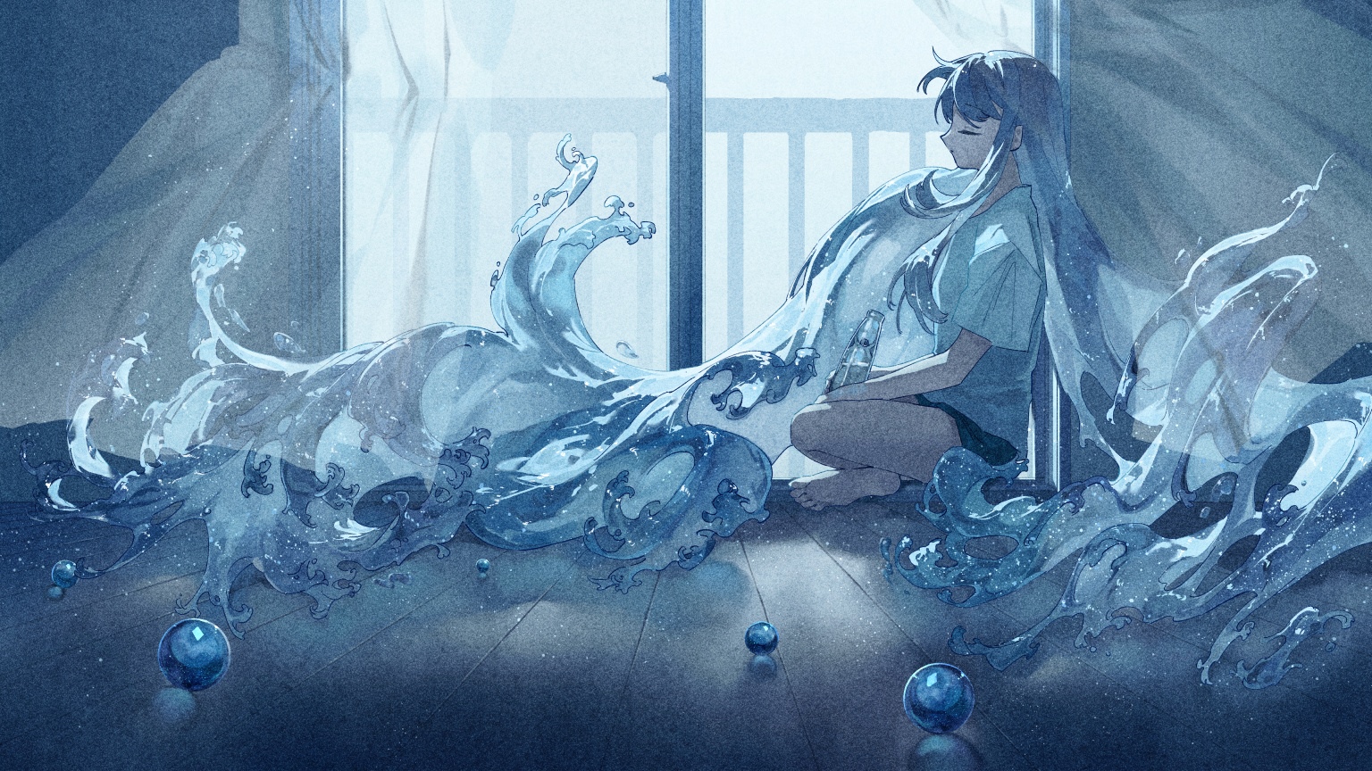 Girl with water flowing from her hair by the window HD Wallpaper
