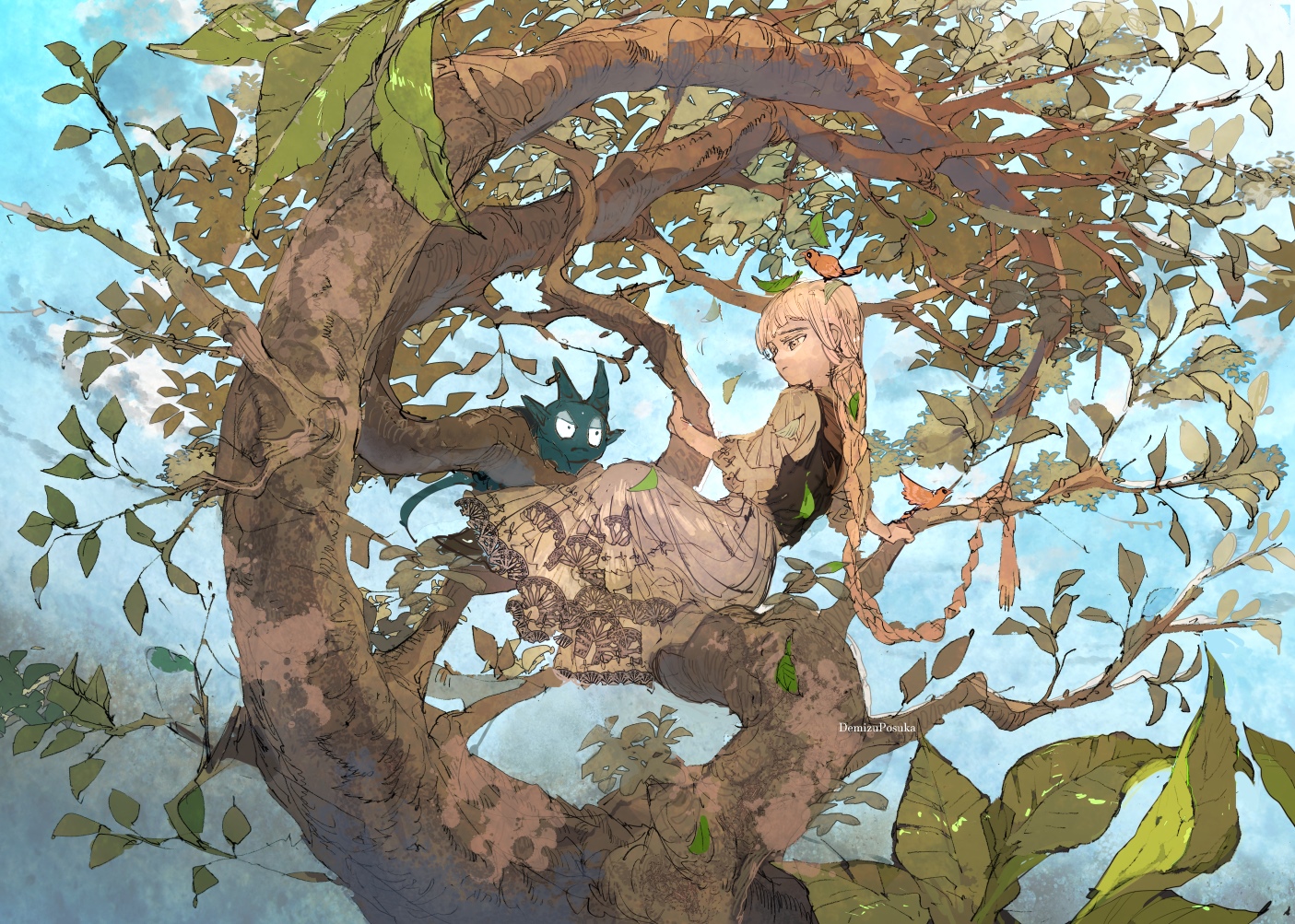 Girl and creature in a tree with birds HD Wallpaper