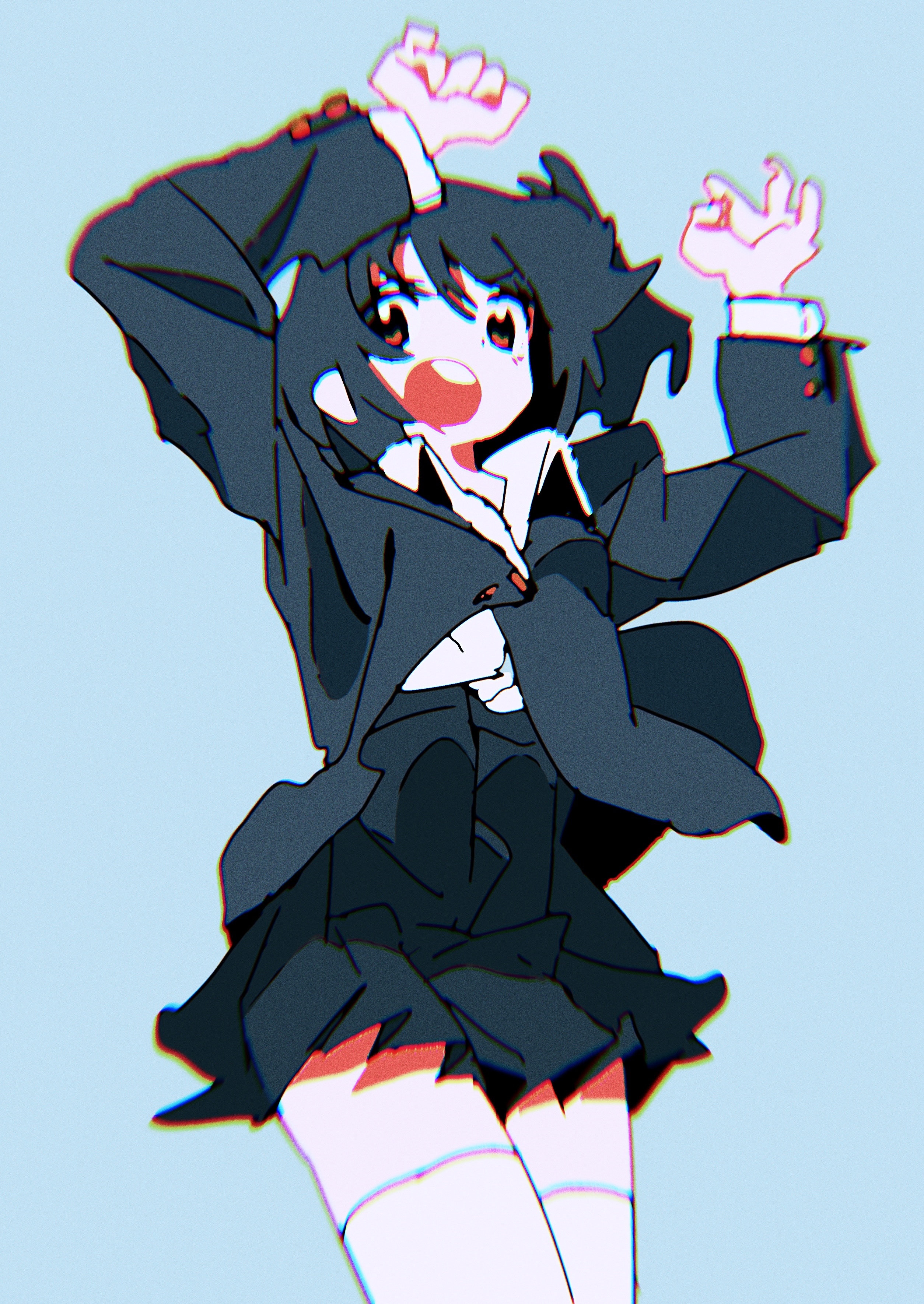 Anime girl in a dark uniform with hands raised HD Phone Wallpaper